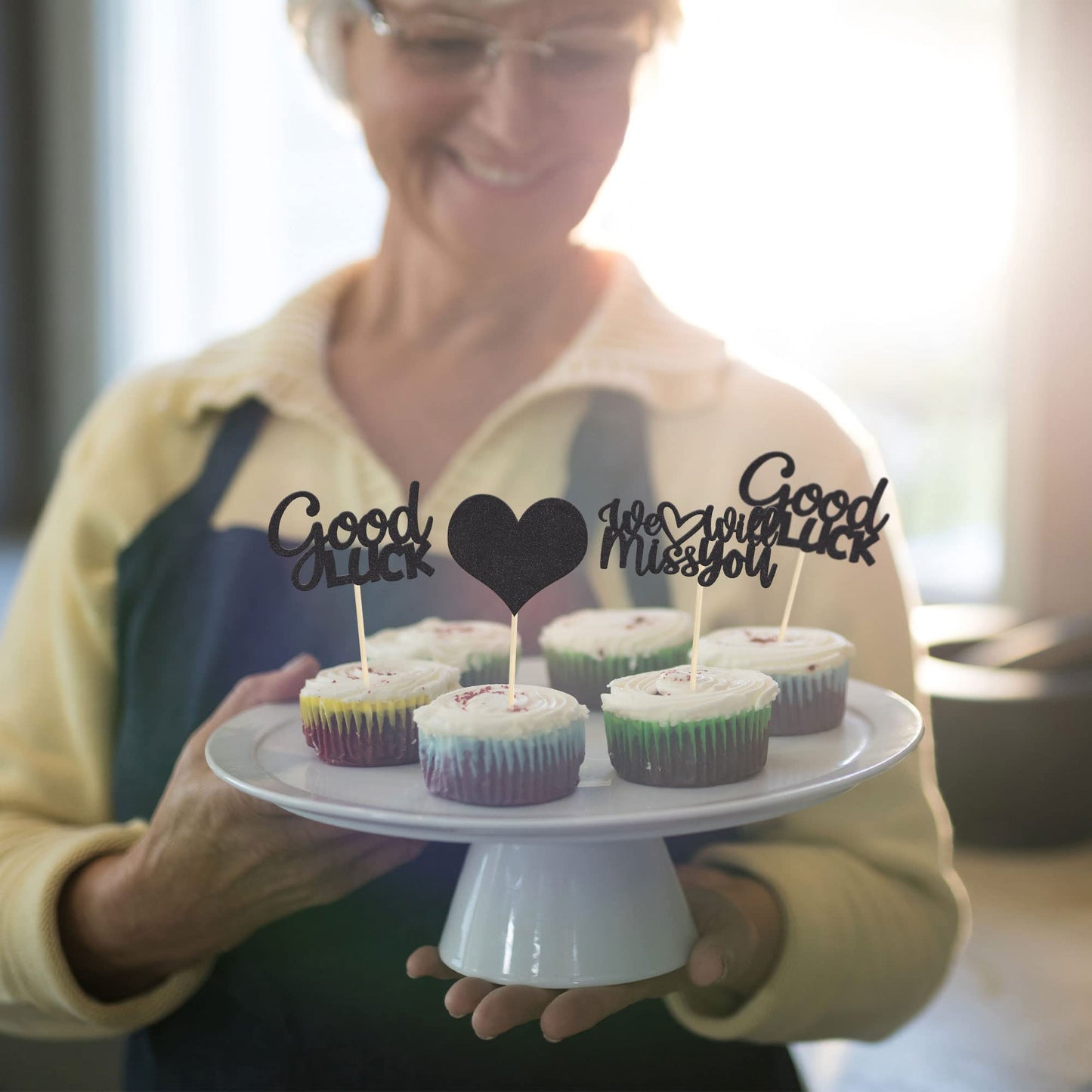 Gyufise 36Pcs Black Glitter We Will Miss You Cupcake Toppers With Love Glitter Good Luck Cupcake Picks Going Away Farewell Retir