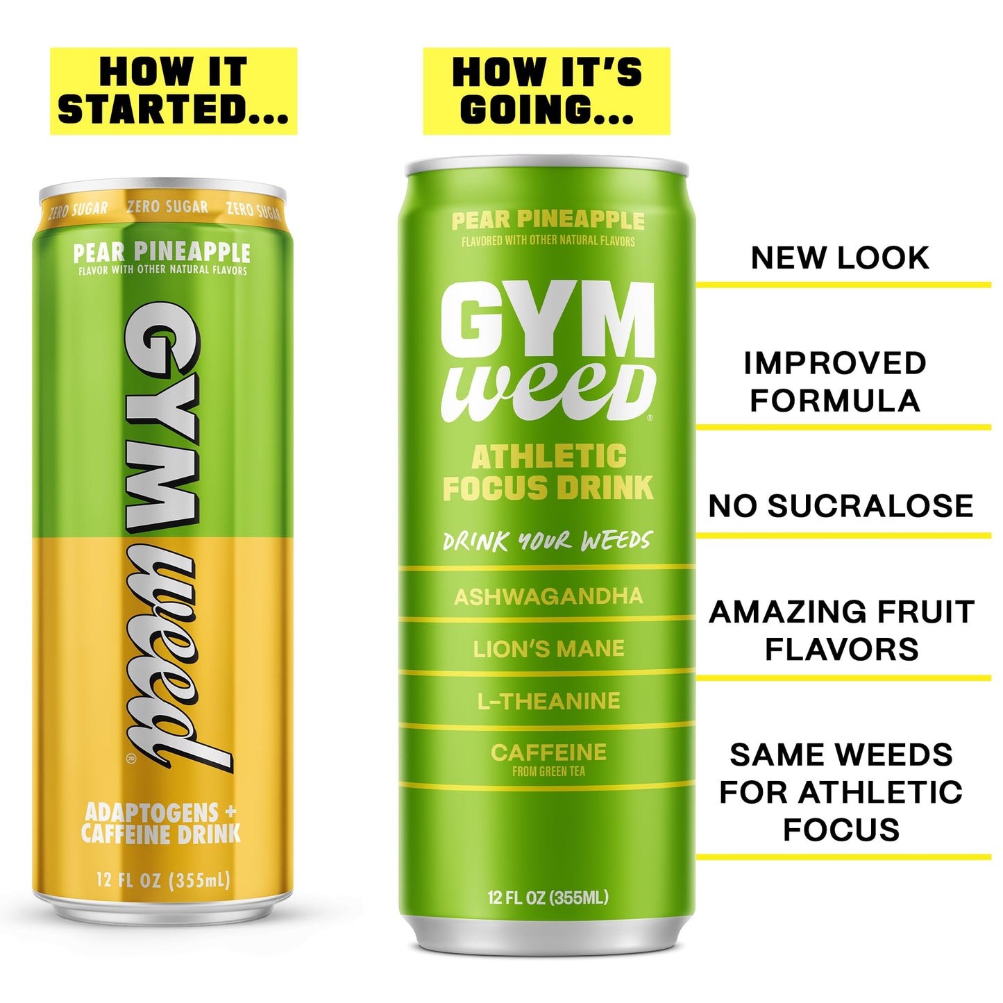 GYM   Athletic Focus Drink, KSM-66 Ashwagandha, Lions Mane, L-Theanine, Green Tea Caffeine, Pear Pineapple Flavor, 12 Pack