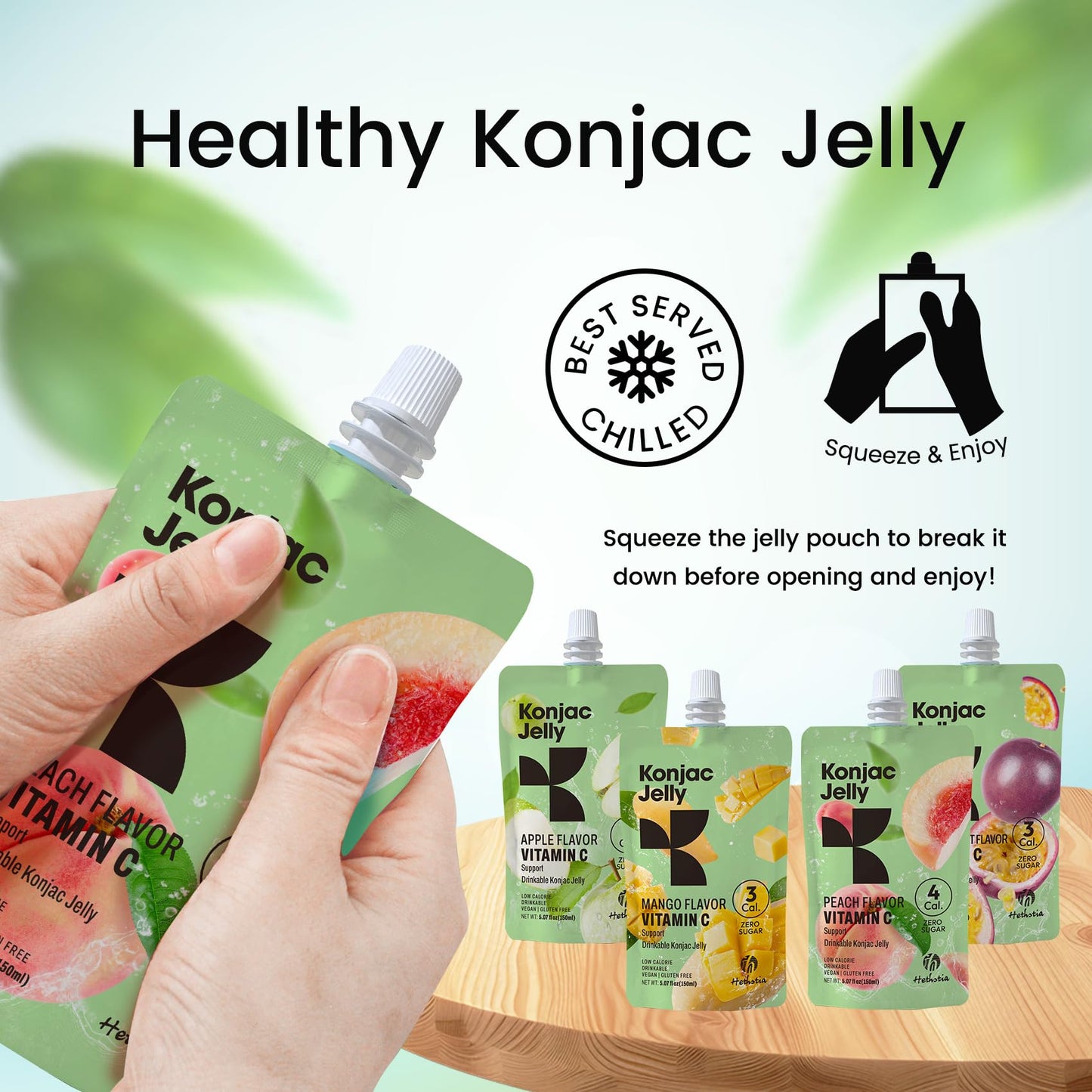 Hethstia Konjac Jelly, 10 Pack - Peach, Mango, Passion Fruit, Green Apple - Vegan, Sugar-Free, Low Calorie, Keto, Gluten-Free, V
