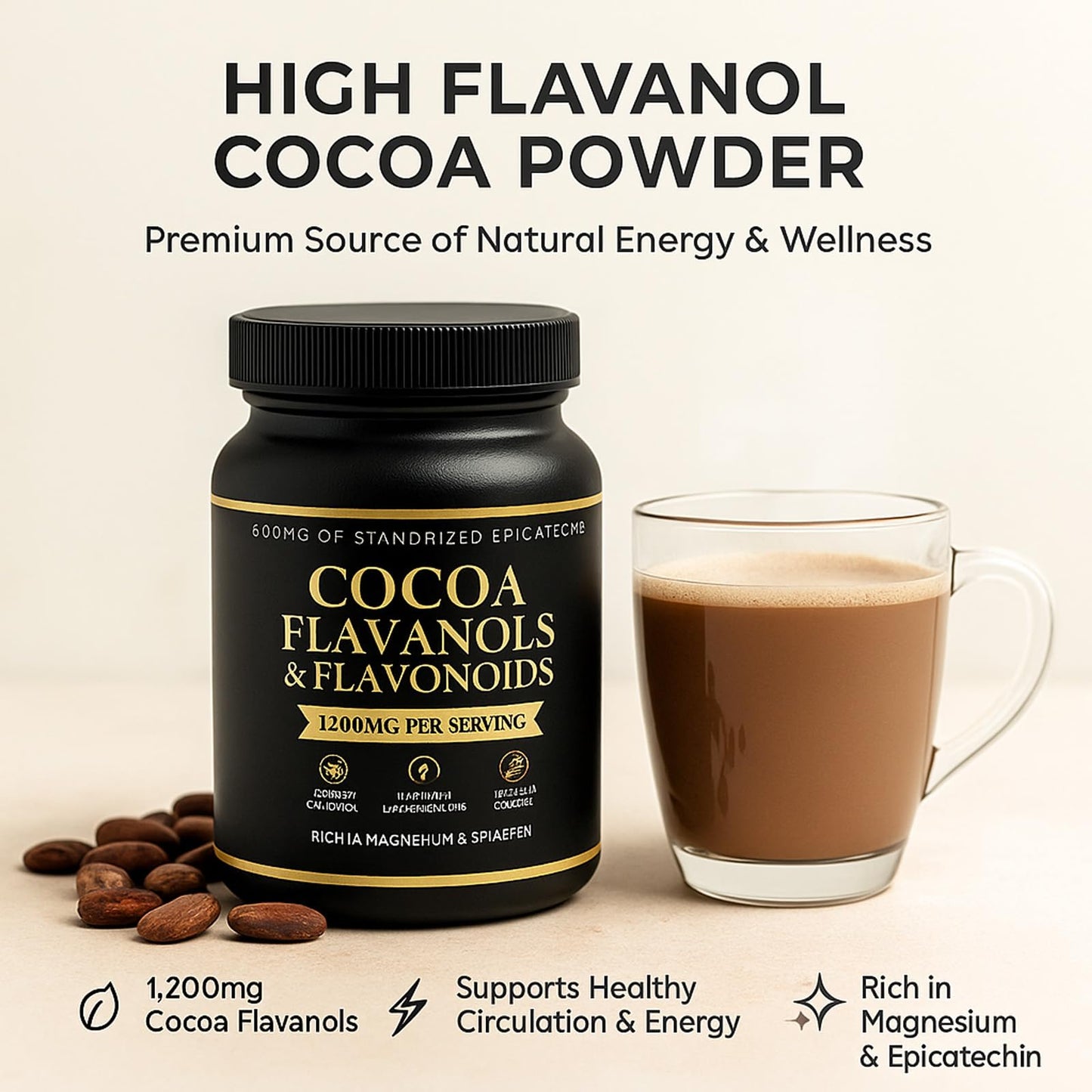 WHDEOW High Flavanol Cocoa Powder – Vegan, Non-GMO, Sugar-Free, 7.05oz – Supports Circulation & Energy