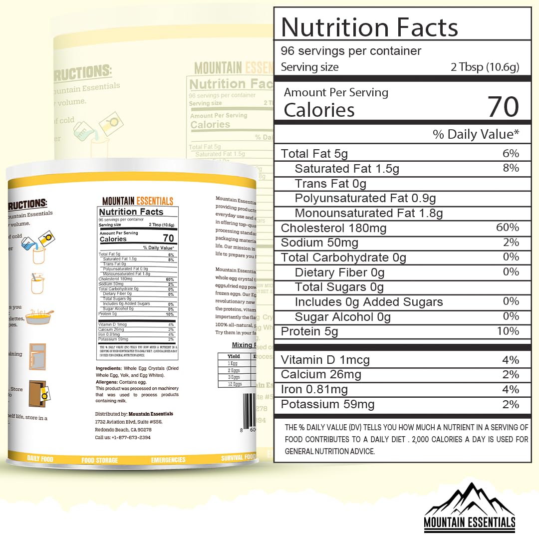 MOUNTAIN ESSENTIALS Dehydrated Whole Powdered Egg Crystals | 6 Cans | All-Natural Ingredients | Long Term Storage