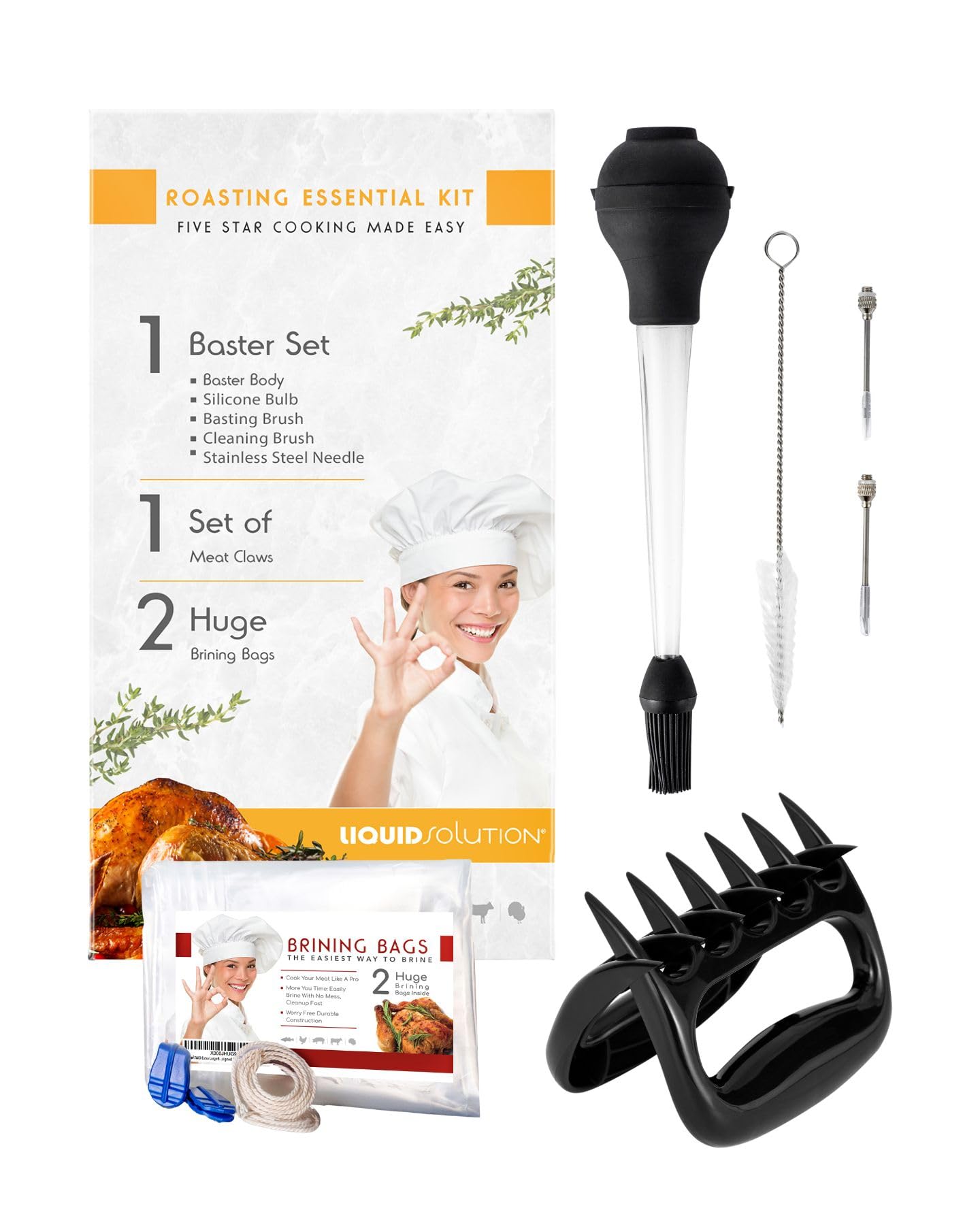Two Oversized Heavy Duty Brining Bags, along with Two Strong and Durable Meat Claws and a Turkey baster kit - Perfect for Large 
