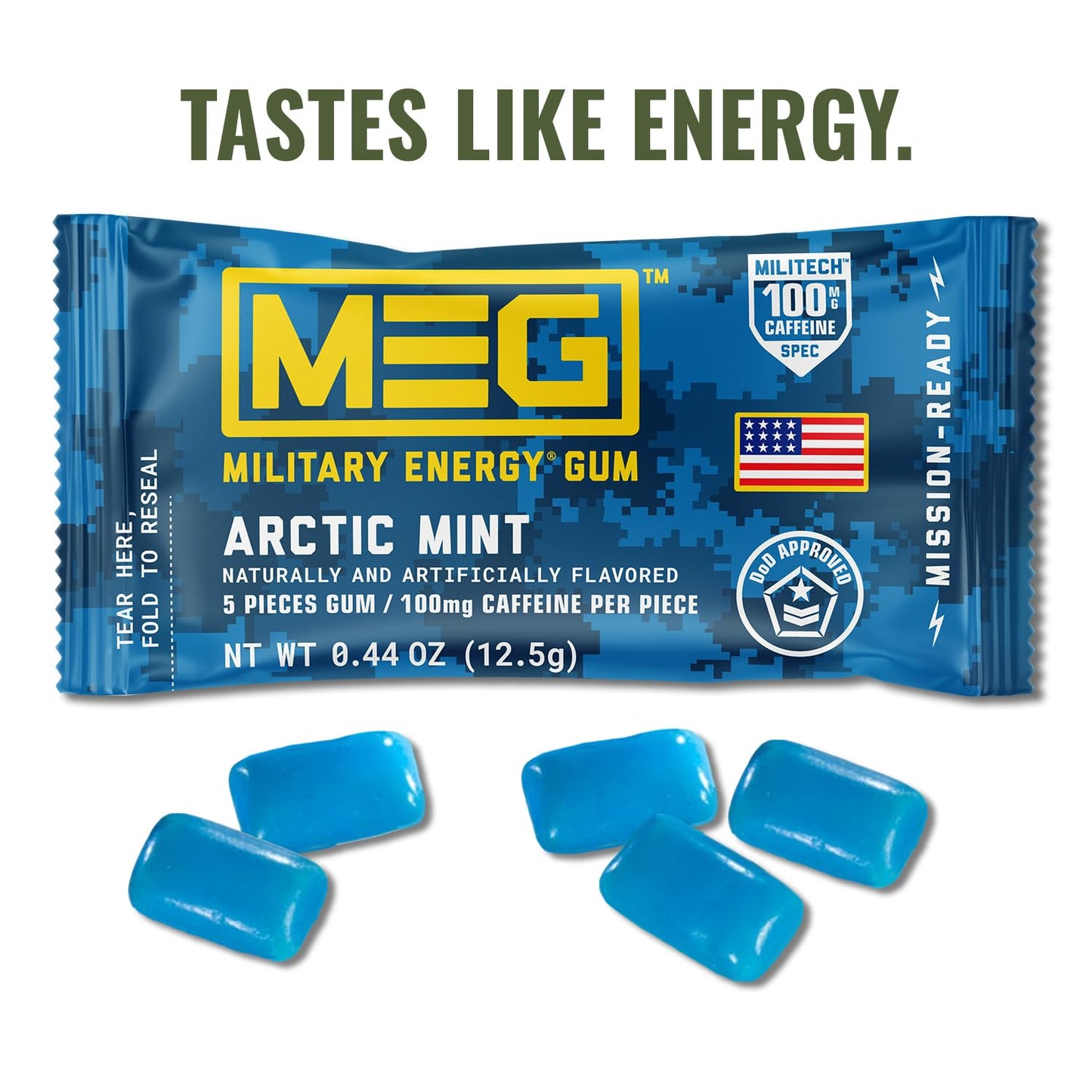 MEG - Military Energy Gum | 100mg of Caffeine Per Piece + Increase Energy + Boost Physical Performance + Arctic Mint 24 Pack (120 Count)