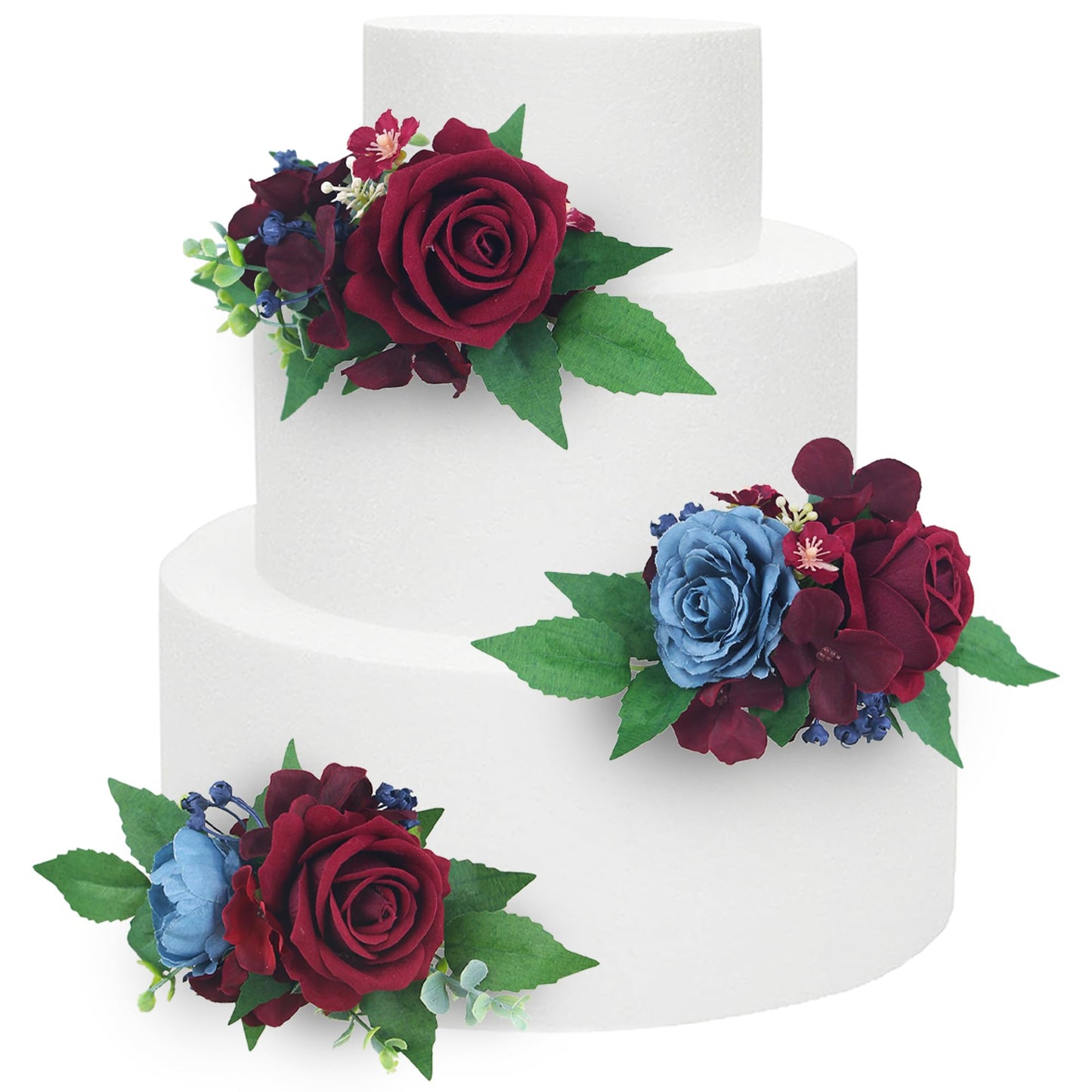 Rinlong 3Pcs Pre-made Cake Toppers - Flowers for Christmas, Wedding, Baptism - Burgundy, Navy Xmas Cake Decorations