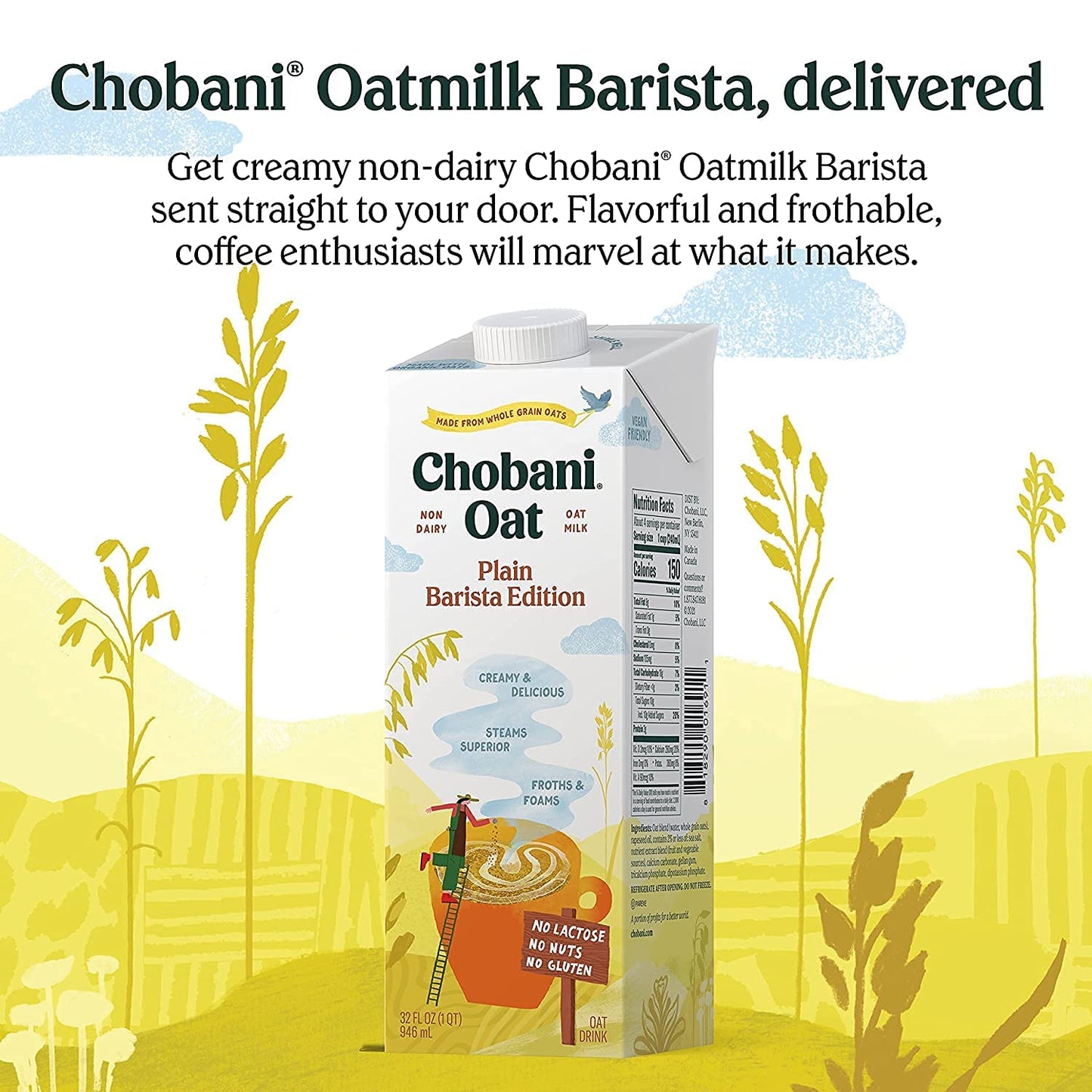 Chobani Oat Milk, Plain Oat Barista Edition, Shelf Stable Non Dairy Milk, Creamer, Vegan Friendly, Gluten-Free, 32 FL OZ (Pack-3