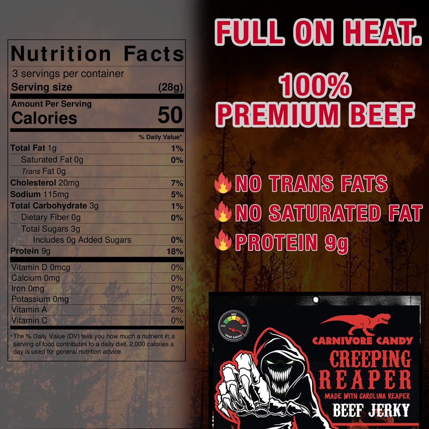 Jurassic Jerkys Creeping Reaper    Carolina Reaper Beef Jerky (1)-3Oz Bag The Reaper Is The Hottest Pepper In The World! Sweet W