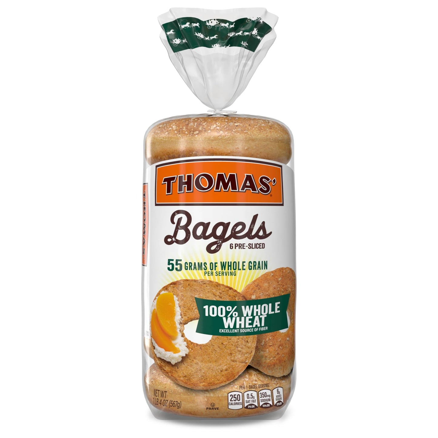 Thomas 100% Whole Wheat Bagels, 6 Pre-Sliced Bagels with No High Fructose Corn Syrup, 20 Oz