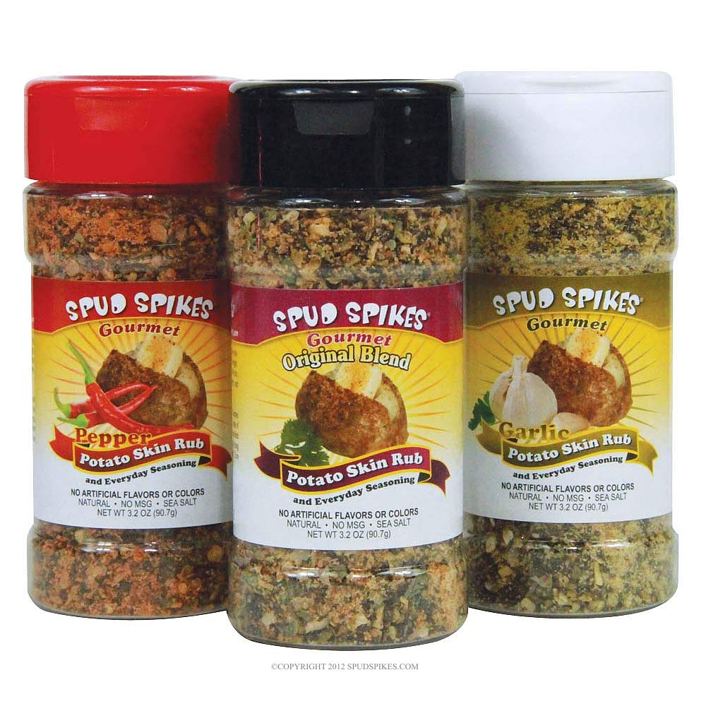Spud Spikes Gourmet Everyday Seasonings and Rubs Pack. Pepper, Original, and Garlic Blends.