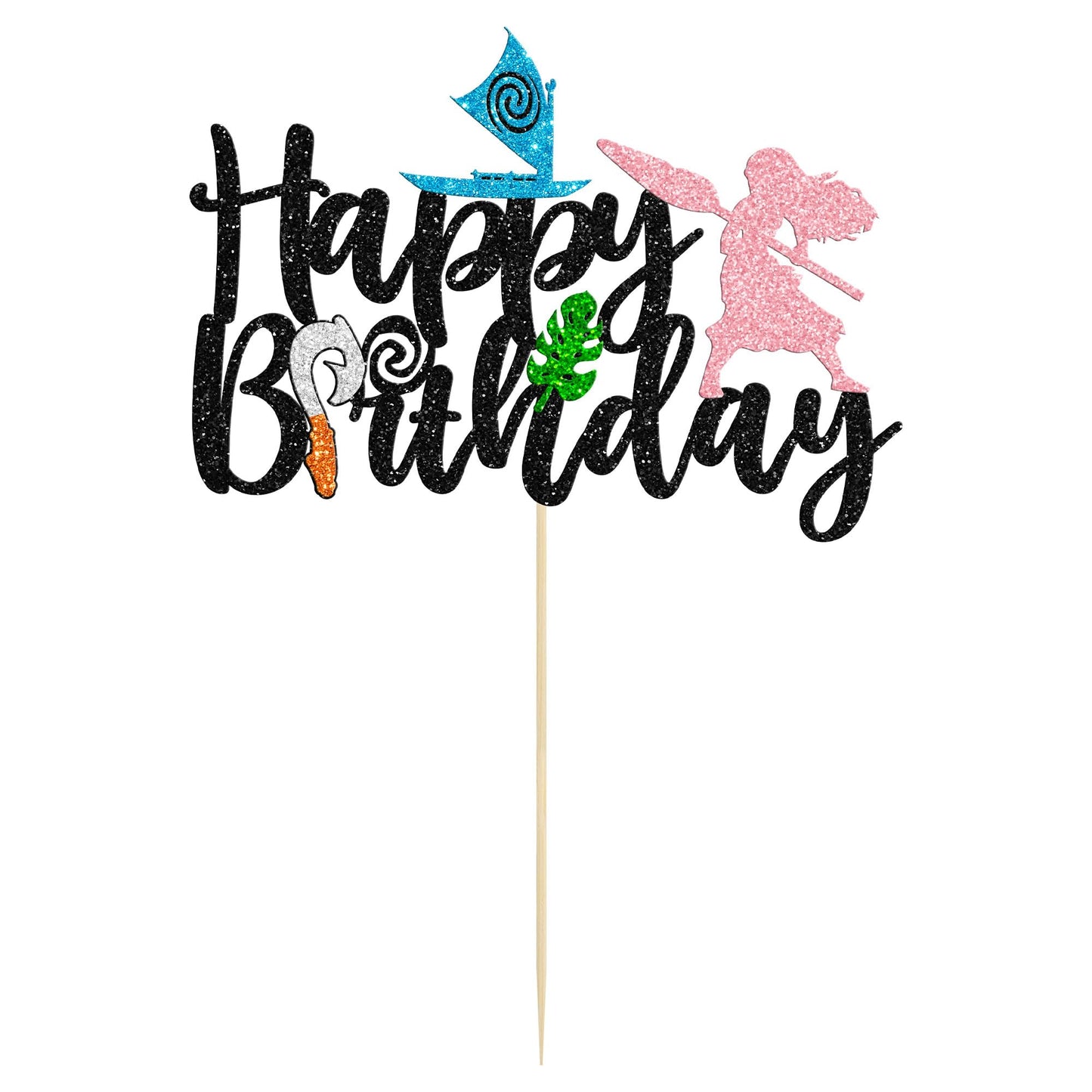 1Pcs Moa Inspired Cake Topper Black Glitter Palm Leaf Flower Happy Birthday Cake Pick Decoration For Tropical Hawaiian Luau Them