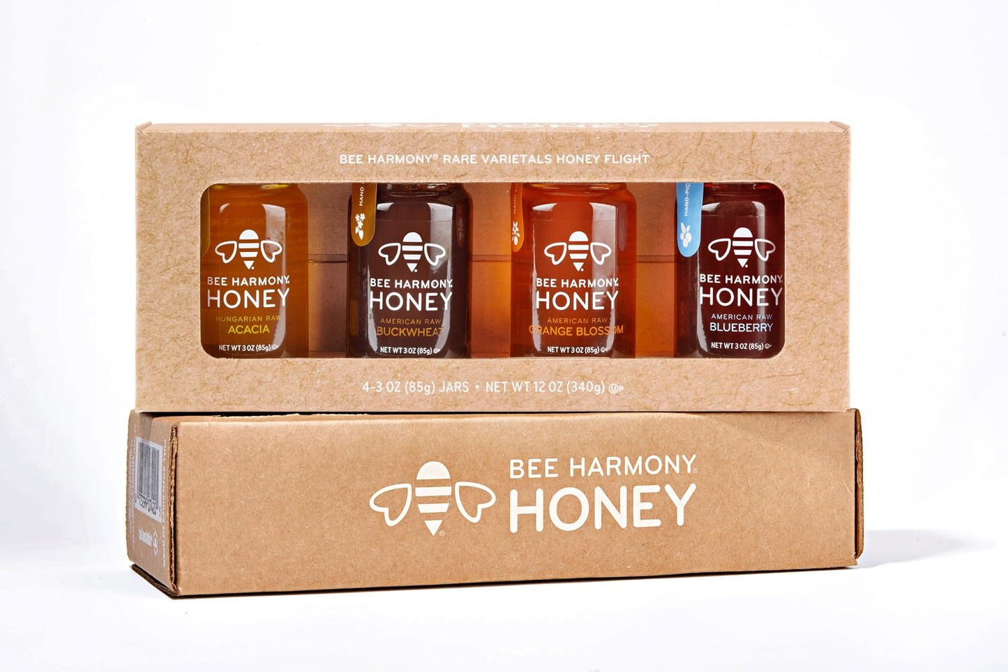 Bee Harmony Rare Varietals Honey Flight, Mini Honey Gift Set, 4 Jars, 3 OZ Each, Premium, Raw (Acacia, Buckwheat, Blueberry Blos