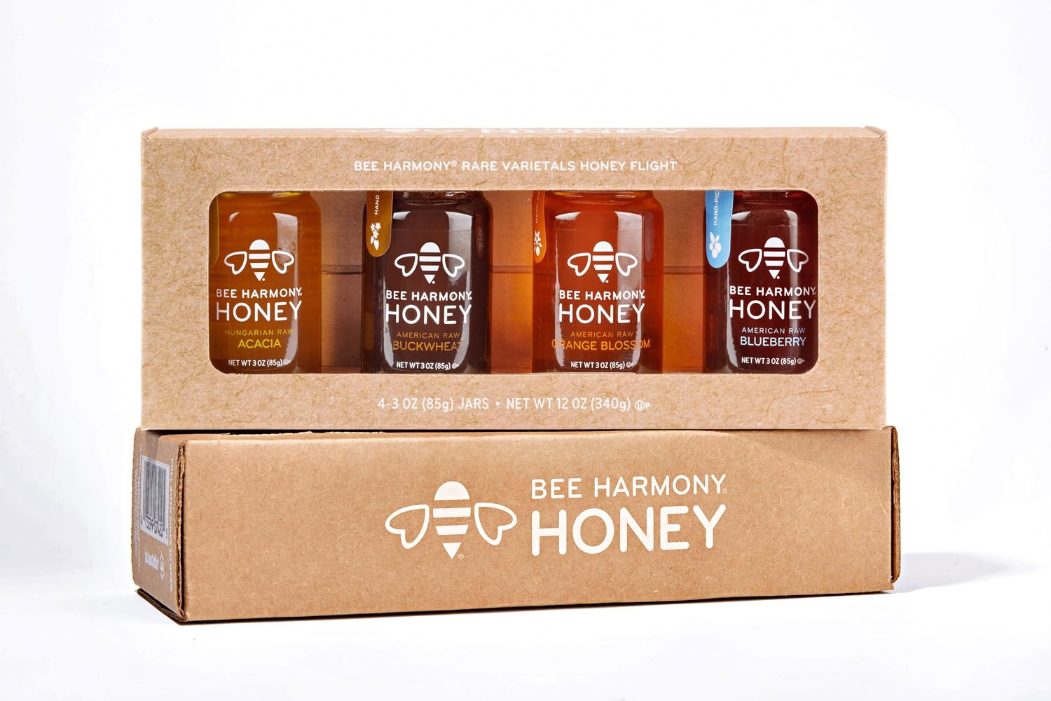 Bee Harmony Rare Varietals Honey Flight, Mini Honey Gift Set, 4 Jars, 3 OZ Each, Premium, Raw (Acacia, Buckwheat, Blueberry Blos