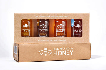 Bee Harmony Rare Varietals Honey Flight, Mini Honey Gift Set, 4 Jars, 3 OZ Each, Premium, Raw (Acacia, Buckwheat, Blueberry Blos