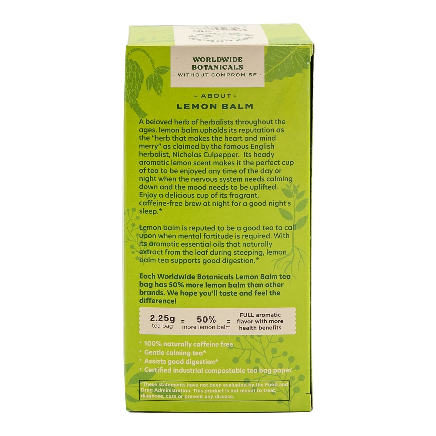 Worldwide Botanicals Organic Lemon Balm Tea - 50% More Herbs With 2.25G Per Tea Bag - 100% Pure Lemon Balm Leaves, Kosher, 25 Te
