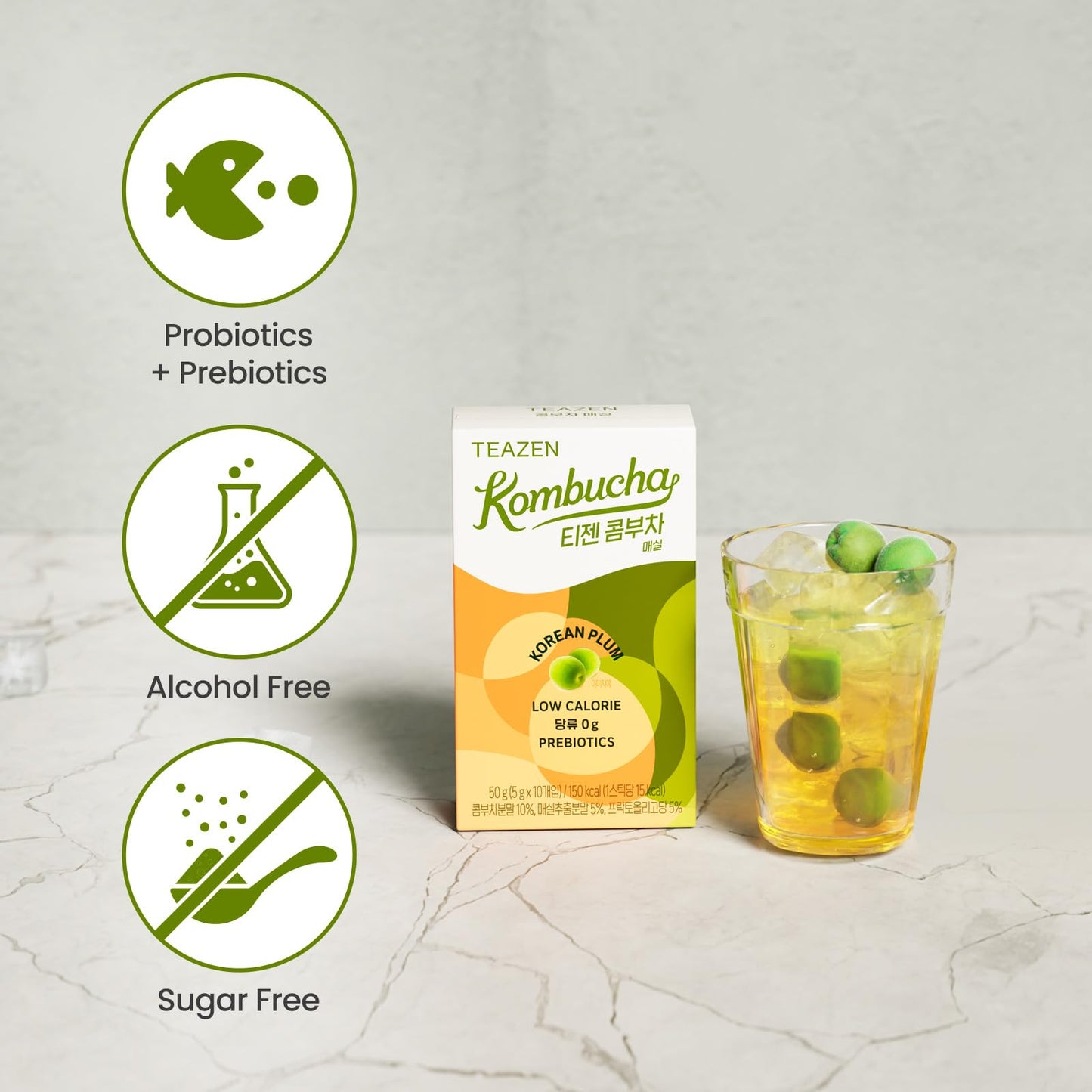 Teazen Korean Plum Kombucha Tea, Electrolyte Powder & Hydration Drink Mix, Sugar Free, Live Probiotics & Prebiotics, 10 Sticks,