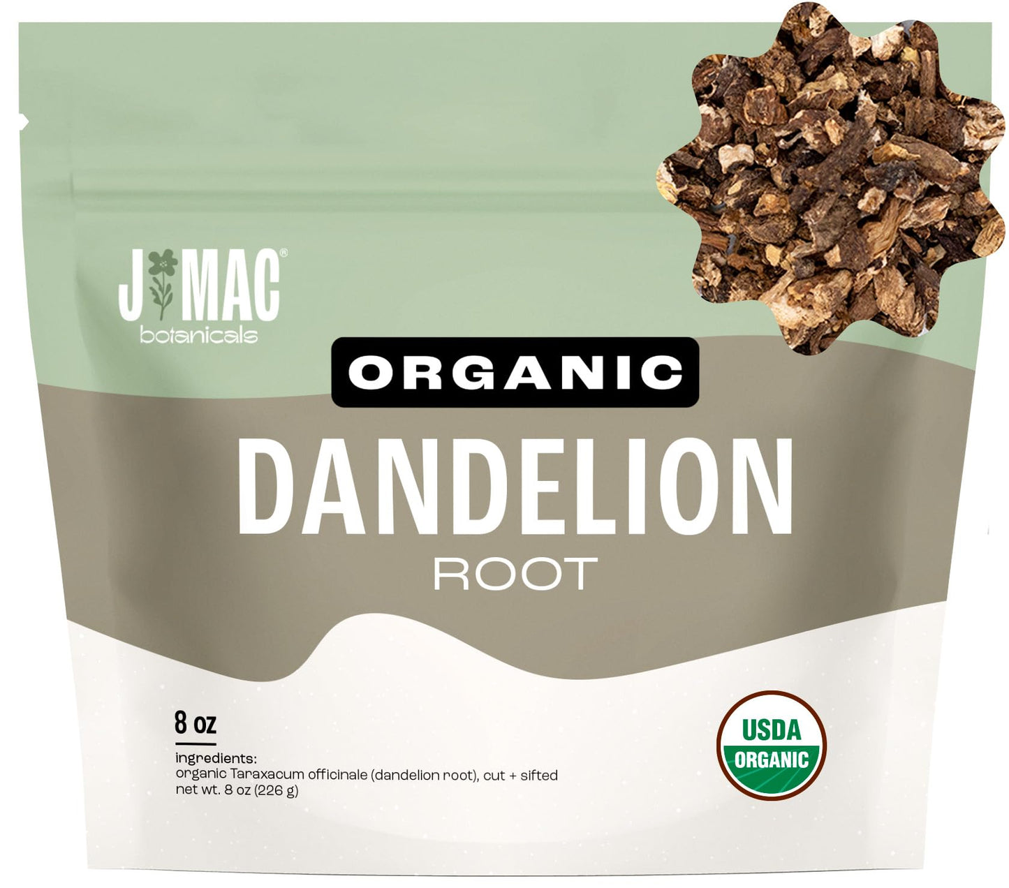 J Mac Botanicals Organic Dandelion Root (8 Oz) Unroasted  Herb For Tea And Other Infusions  Packaged In The Usa  Certified Usda Organic