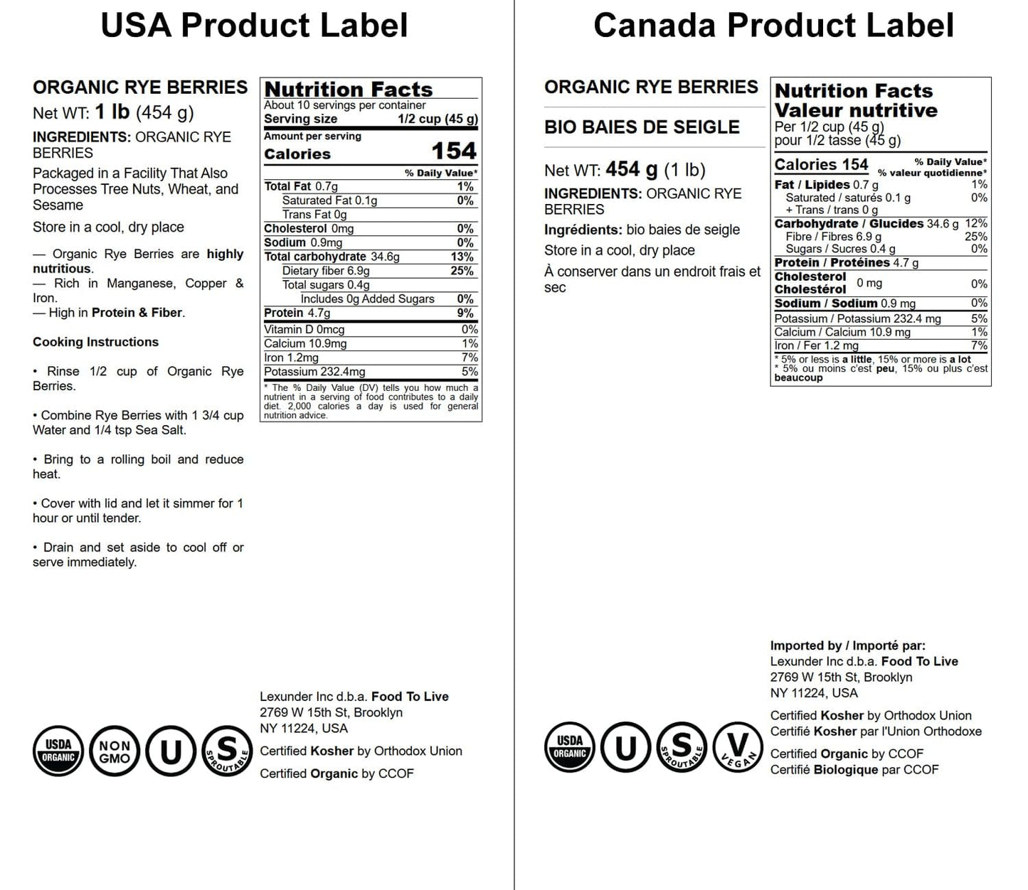 Food to Live Organic Rye Berries - Non-GMO, Kosher, Raw - 1 Pound Bulk Seeds