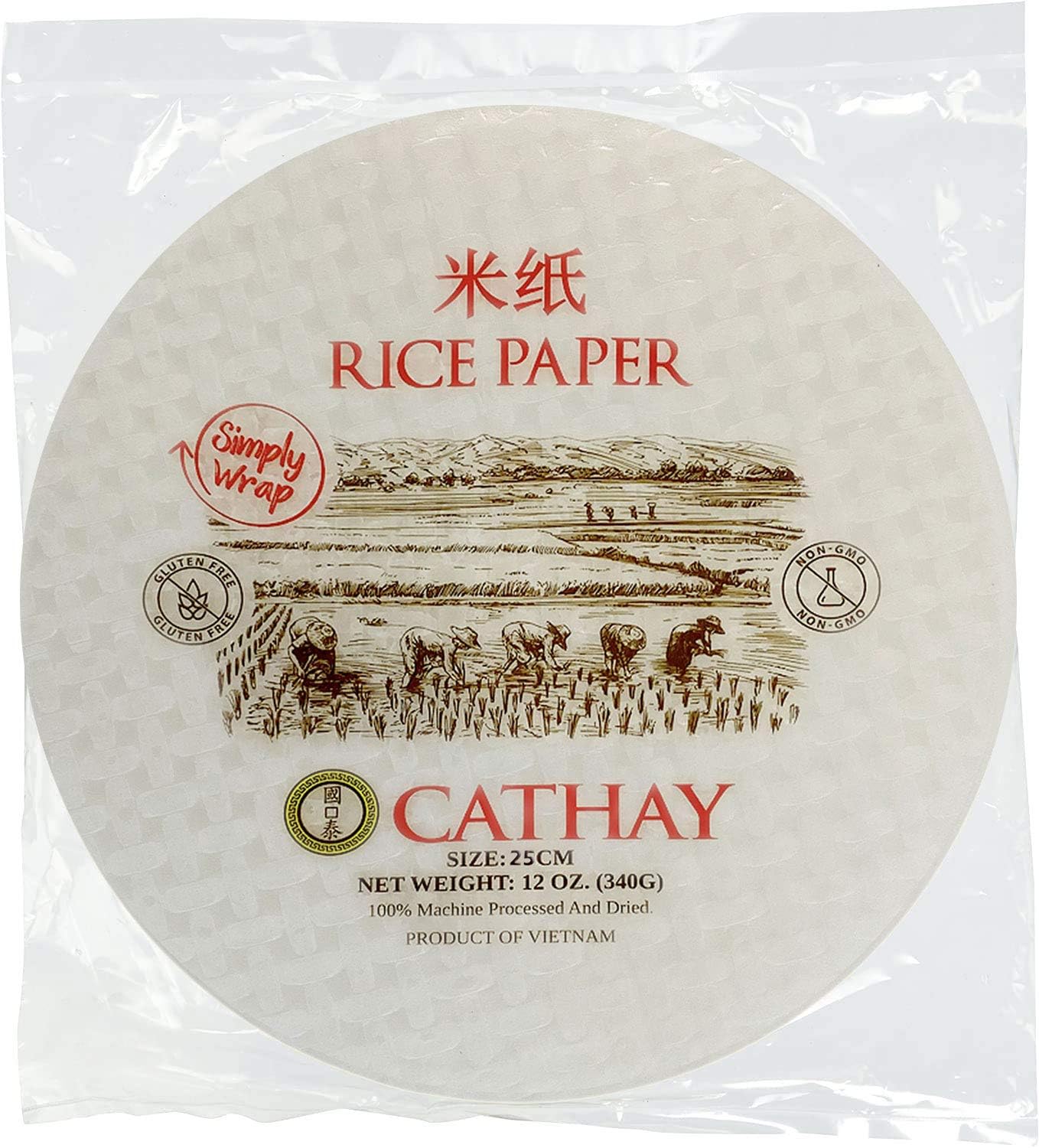Cathay Fresh Spring Roll Rice Paper Wrappers, Non-GMO, Gluten-Free, 25 Sheets, 25cm, Round, for Veggie Wraps