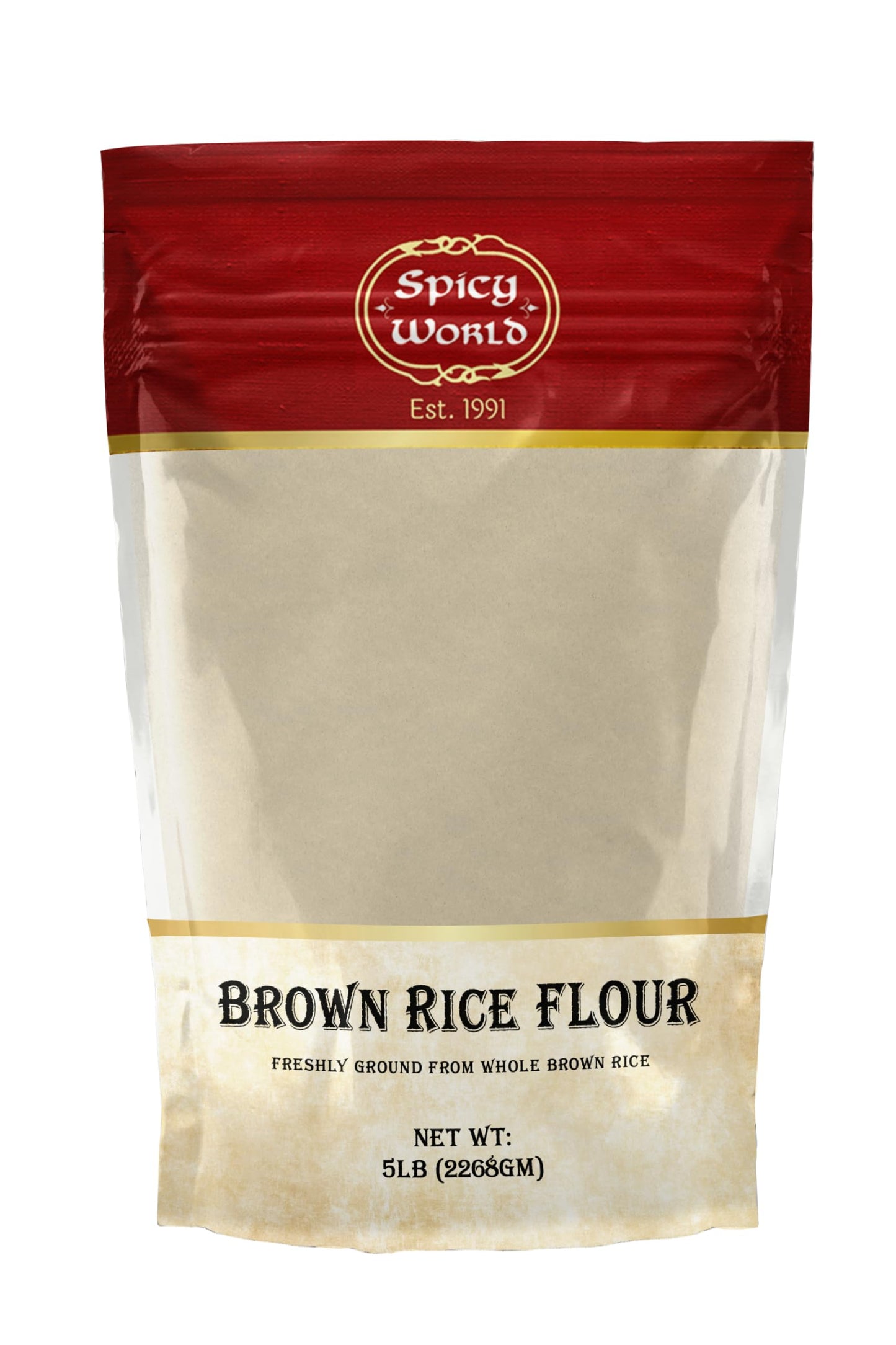 Spicy World Brown Rice Flour, Fine Ground, 5 LB Bulk, Resealable Bag, All-Natural, Rich in Fiber