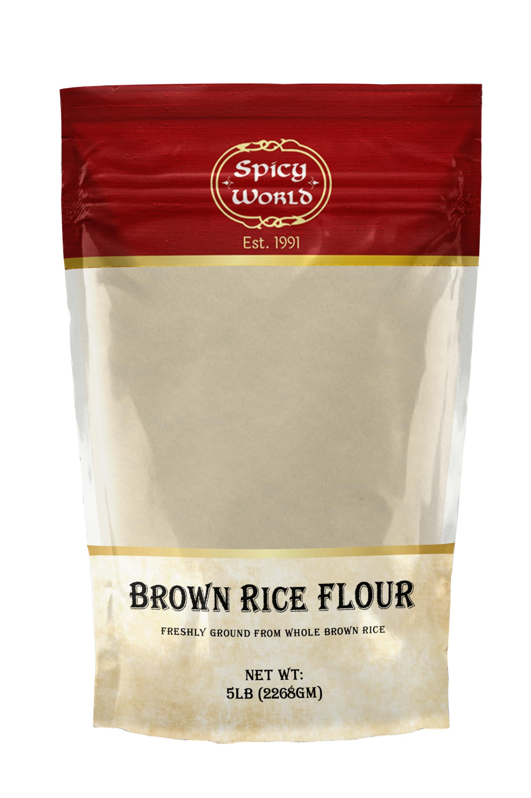Spicy World Brown Rice Flour, Fine Ground, 5 LB Bulk, Resealable Bag, All-Natural, Rich in Fiber