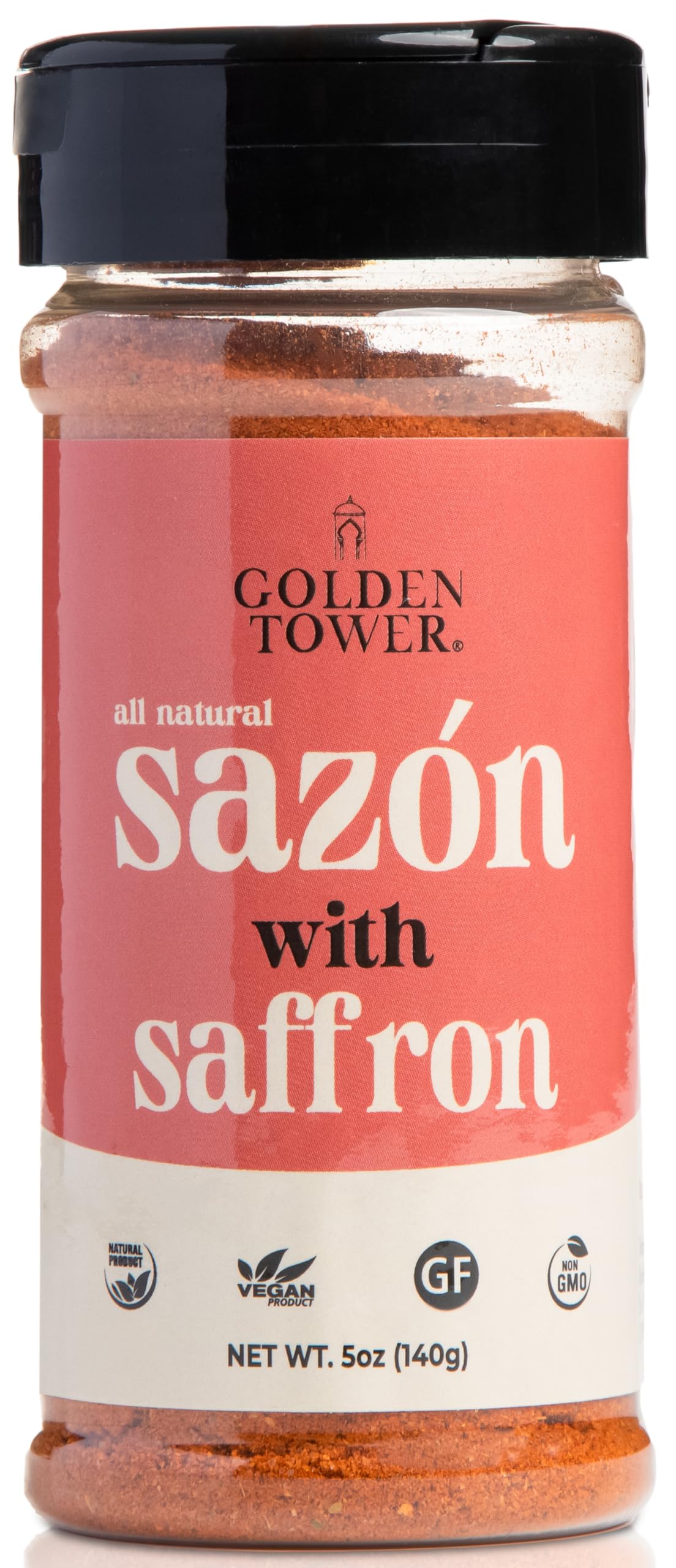Golden Tower Sazon with Saffron - Saz  n Seasoning, All Natural ingredients, Non-GMO, No-MSG, Gluten Free, Vegan, 5oz Pack