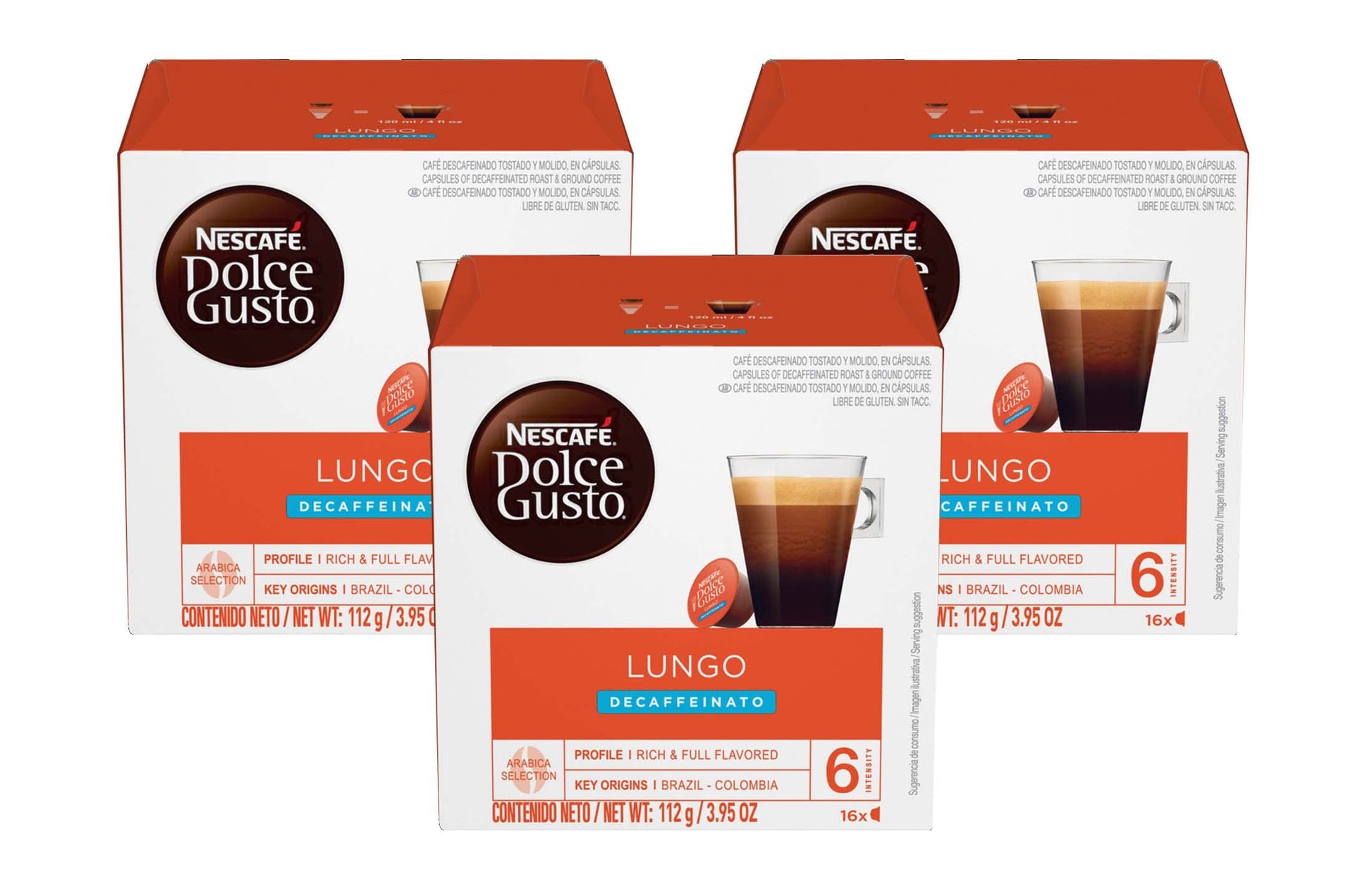 Dolce Gusto Coffee Pods, Lungo Decaffeinato, 16 Count, Pack of 3, Model 12074533
