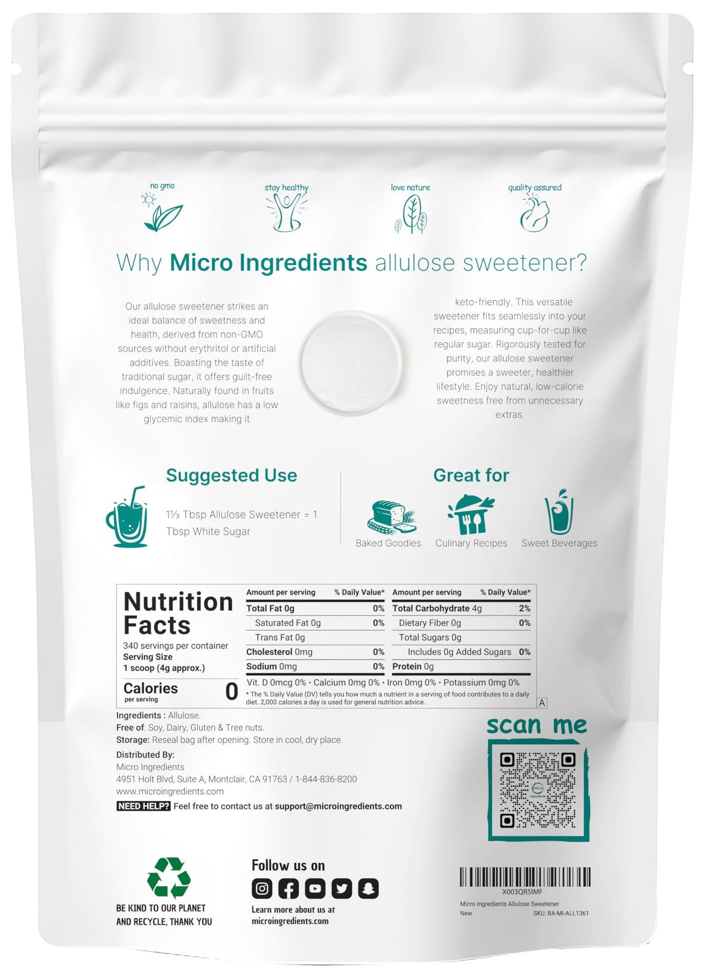 Allulose Sweetener, 3 Pounds (48 Ounces), Zero Calorie, Plant Based Sugar Alternative, No After Taste, Best For Coffee, Drinks,