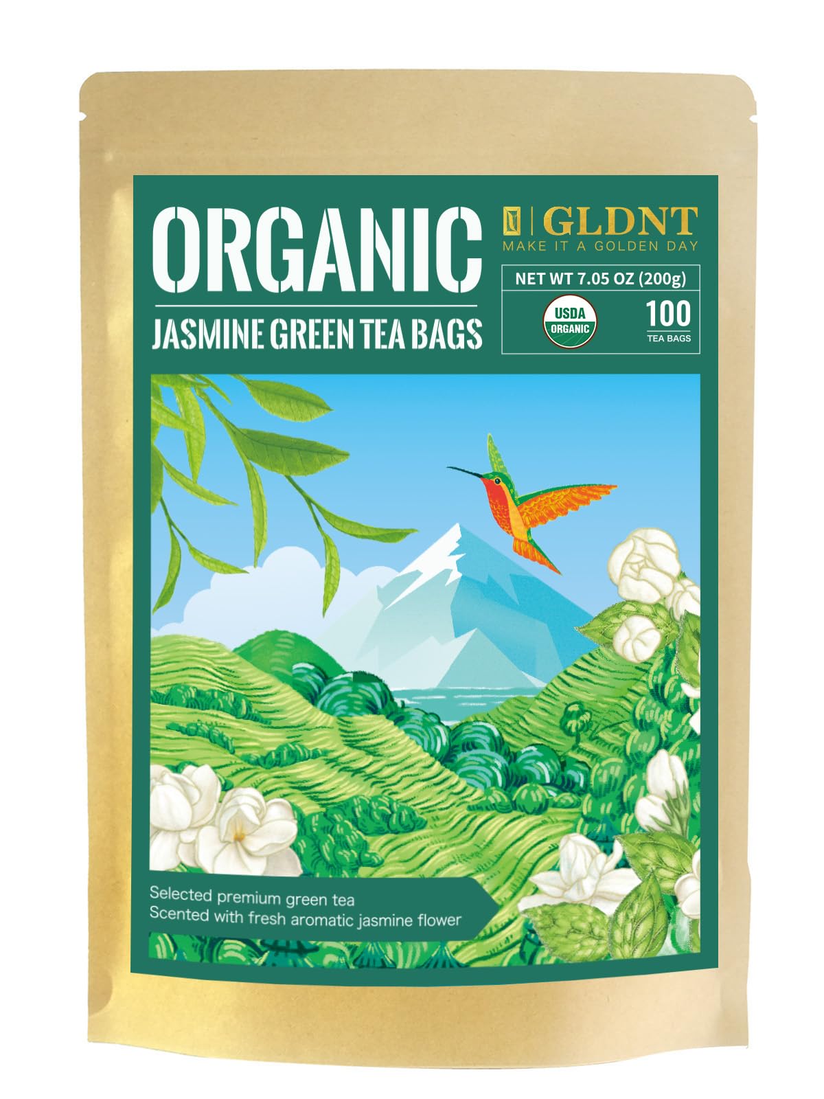 Gldnt Organic Jasmine Green Tea Bags, Organic Green Tea Scented With Jasmine Flowers, Floral Aroma & Smooth Taste, 100 Count