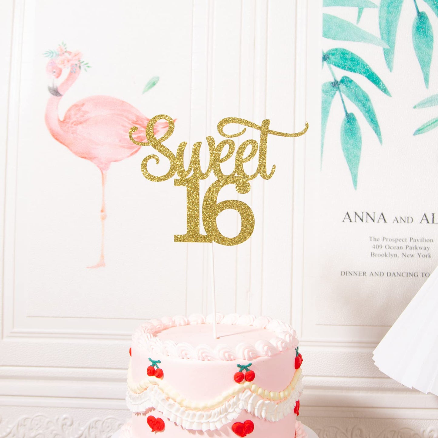 Gexolenu Gold Glitter Sweet 16 Cake Topper, 1 Pcs, Anniversary Decoration