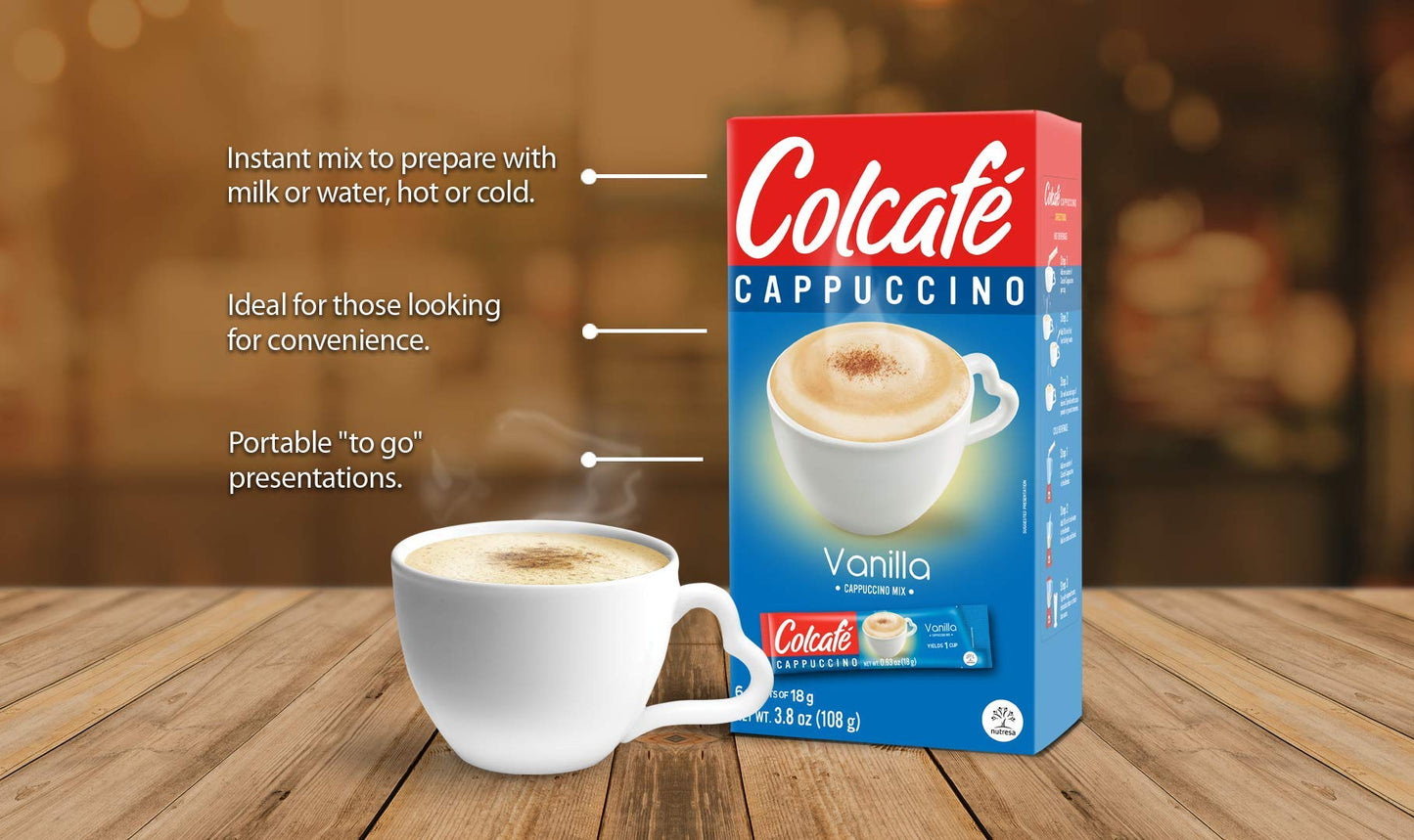Colcaf   French Vanilla Cappuccino Instant Mix | Convenient & Portable Packs | 100% Colombian Coffee | Make Hot or Cold | 6 Coun