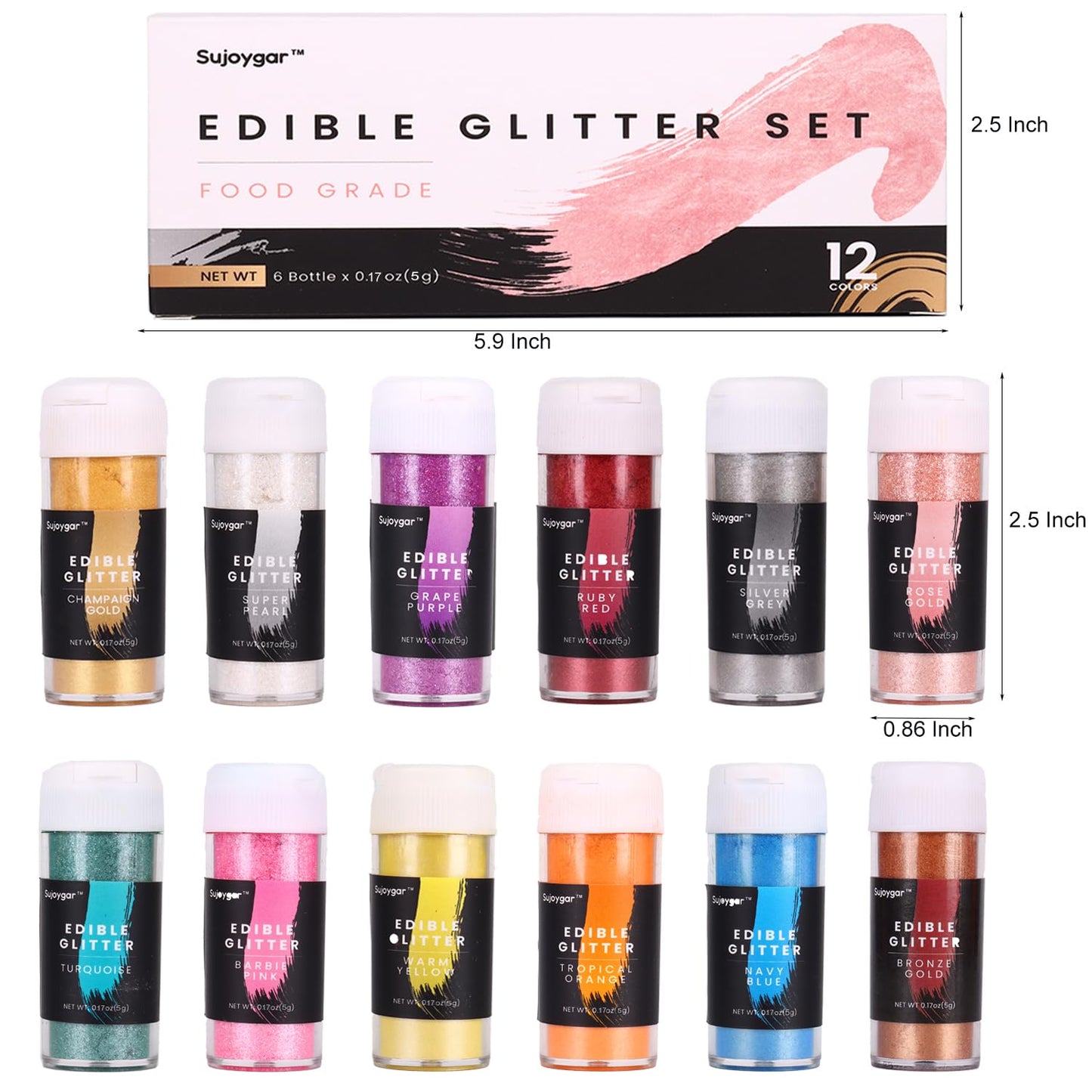 Shimmer Edible Glitter Set 12 Colors, Food Grade 5G, Shimmer Edible Glitter For Drinks Cocktails Baking Strawberries Chocolates