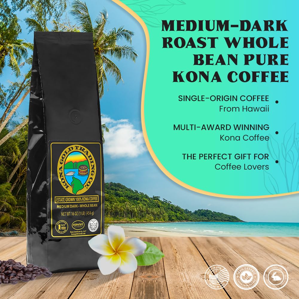 Kona Gold spirit-inspired flavor Co. Hawaiian Kona Coffee Whole Bean - Medium/Dark Roast Extra Fancy - 16 oz