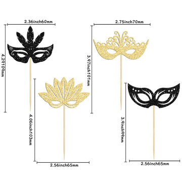 24Pcs Masquerade Masks Cupcake Toppers Black Gold Glitter Bachelorette Party Mask Cupcake Food Picks Masquerade Mardi Gras Party