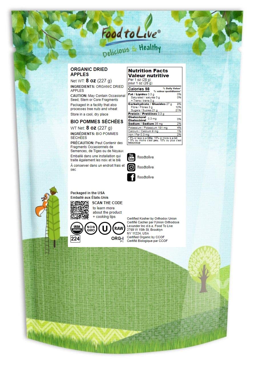Food to Live Organic Dried Apple Rings - Non-GMO, Kosher, Vegan, Unsulfured - 8 Ounces