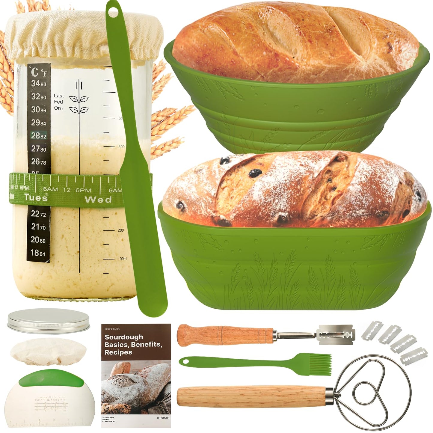 BICRET Sourdough Bread Baking Kit - Complete Sourdough Starter Kit with 2 Proofing Baskets - Green - Model YH-MBFJ