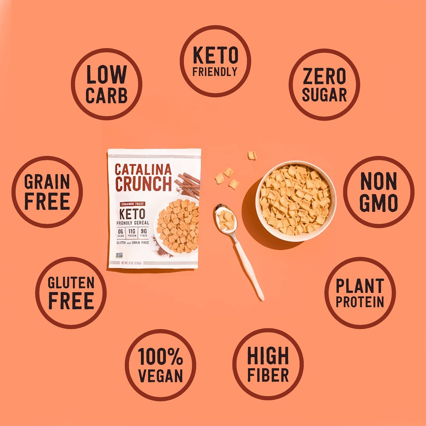 Catalina Crunch Cinnamon Toast Keto Cereal (9Oz Bag) | Low Carb, Sugar Free, Gluten Free | Keto Snacks, Vegan, Plant Based Protein | Breakfast Cereals | Keto Friendly Food