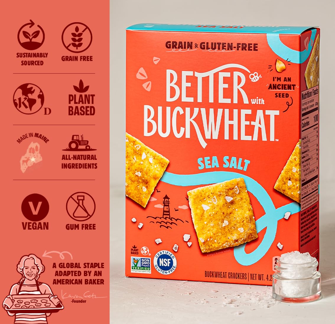 Better with Buckwheat Sea Salt Crackers, Complete Protein, Gluten-Free Crackers, Healthy Snack Crackers, Grain-Free, Non-GMO, Su
