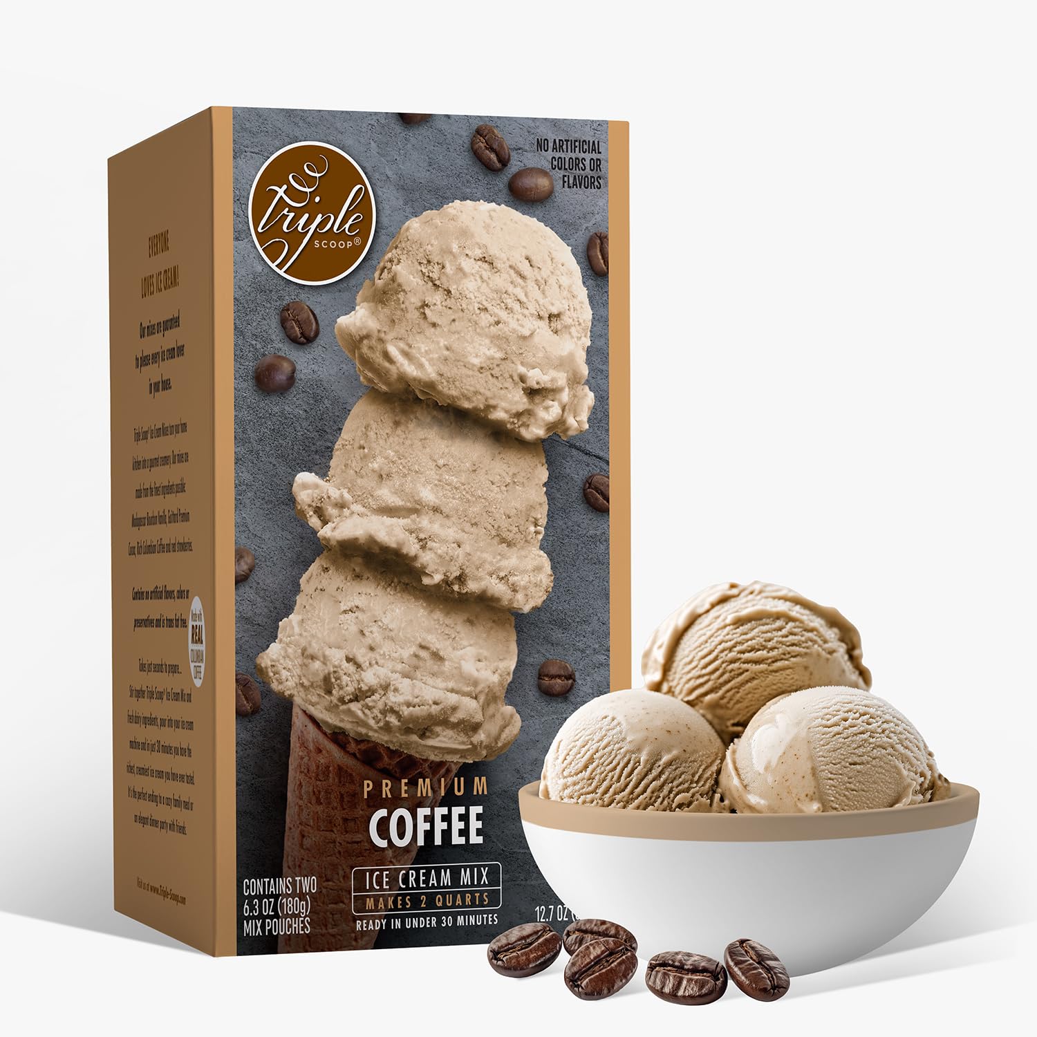Triple Scoop Premium Coffee Ice Cream Starter Mix, 1 Box, Makes 2 Quarts, Easy to Use, Real Colombian Coffee, Made in USA
