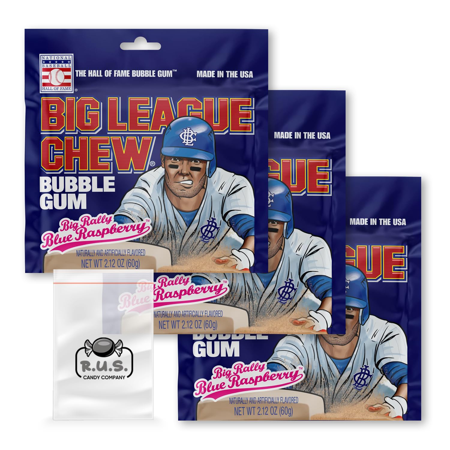 Big League Chew- Big Rally Blue Raspberry Flavored Shredded Bubble Gum- 3 Pack- 2.12Oz Each Plus Rus Candy Company Pocket Bag Bu