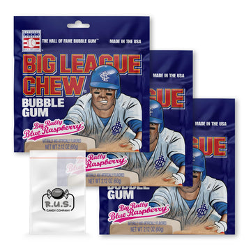 Big League Chew- Big Rally Blue Raspberry Flavored Shredded Bubble Gum- 3 Pack- 2.12Oz Each Plus Rus Candy Company Pocket Bag Bu
