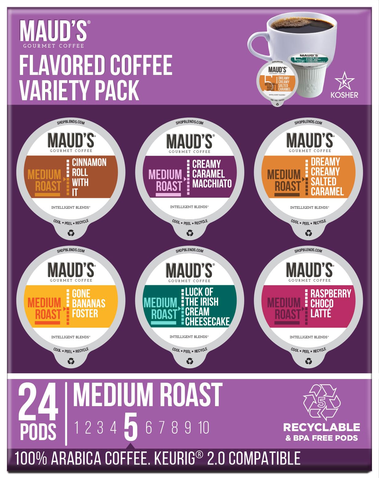 MAUDS Sampler Variety Pack Coffee Pods, Medium Roast, 24 Count, 100% Arabica Beans, Compatible with Keurig K Cups