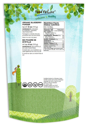 Food to Live Organic Blueberry Powder, 4 Ounces - Non-GMO, Unsulfured, Raw, Vegan, Bulk, Great for Juices, Smoothies, and Instan