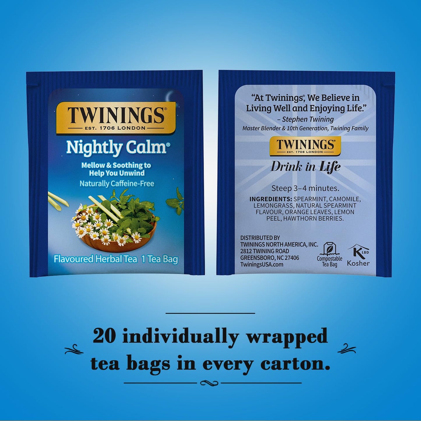 Twinings Herbal Tea Bags, Naturally Caffeine-Free, Nightly Calm, 20 Count (Pack of 2)