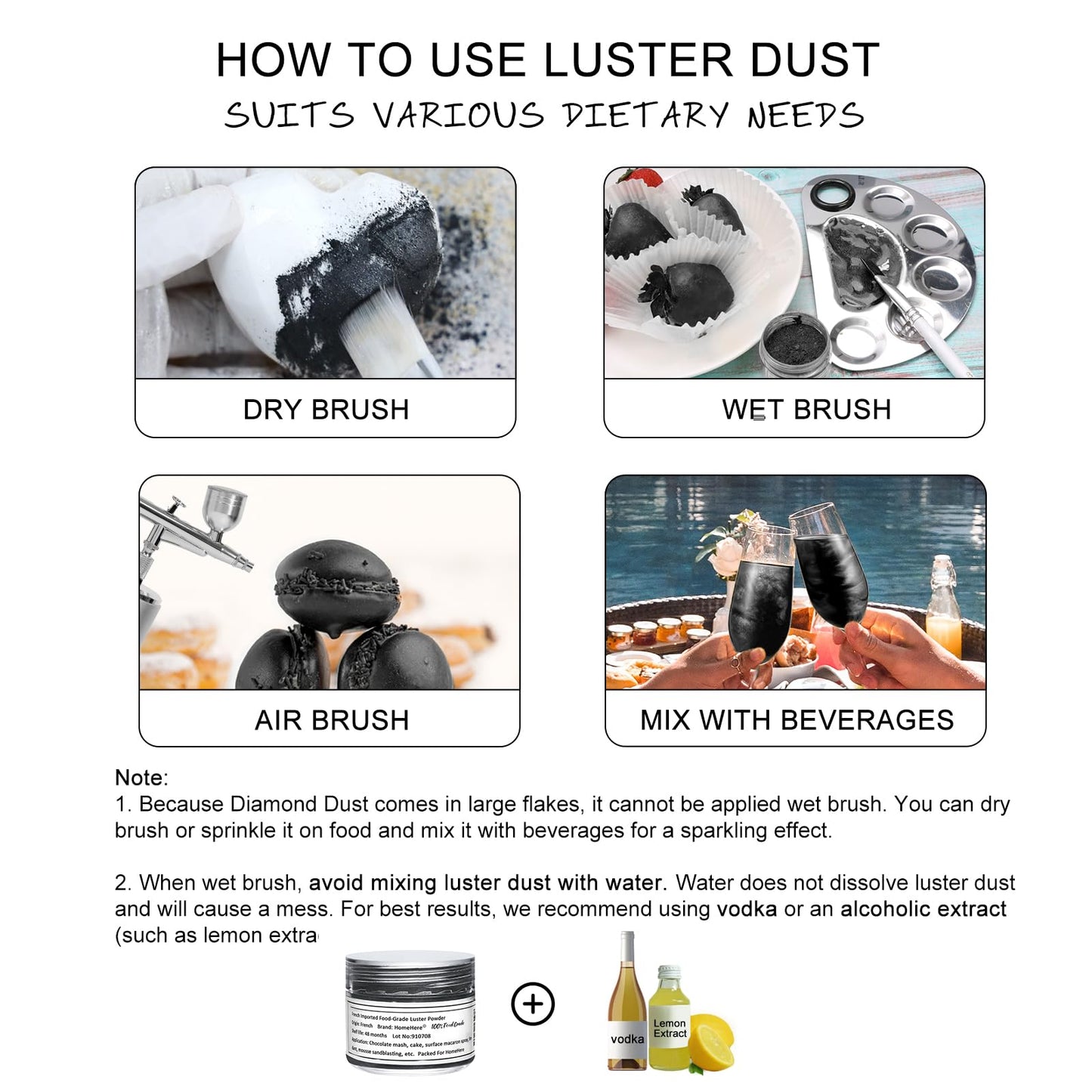 HomeHere Edible Luster Dust Glitter for Cake Decorating, 7g, Vegan, Tasteless, Black