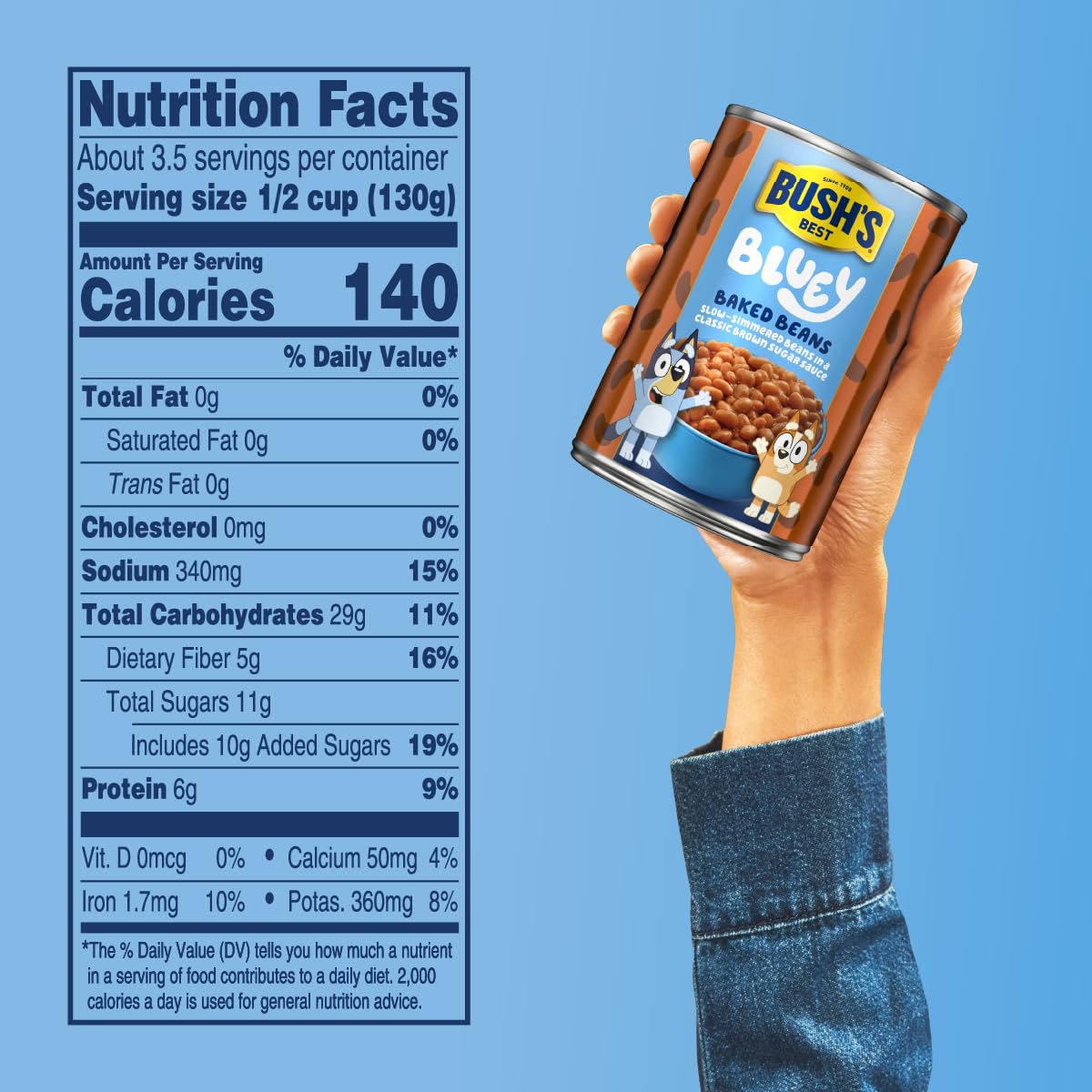 BUSH S BEST 15.8 oz Canned Bluey Original Baked Beans, Source of Plant Based Protein and Fiber, Low Fat, Gluten Free, (Bluey),