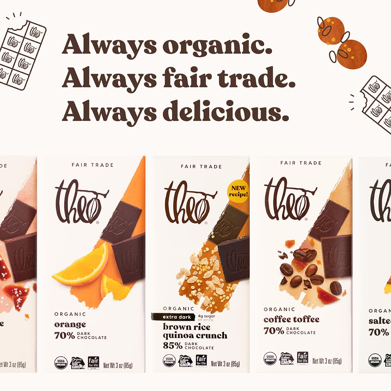 Theo Chocolate Brown Rice Quinoa Crunch Organic Dark Chocolate Bar, 85% Cacao, 12 Pack | Vegan, Fair Trade