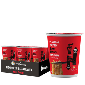 Hethstia High-Protein Ramen Beef Soup Cups - 6 Pack Instant Ramen Spicy Beef Flavor, 32g Plant-Based Protein, Vegan, Air-Dried, 