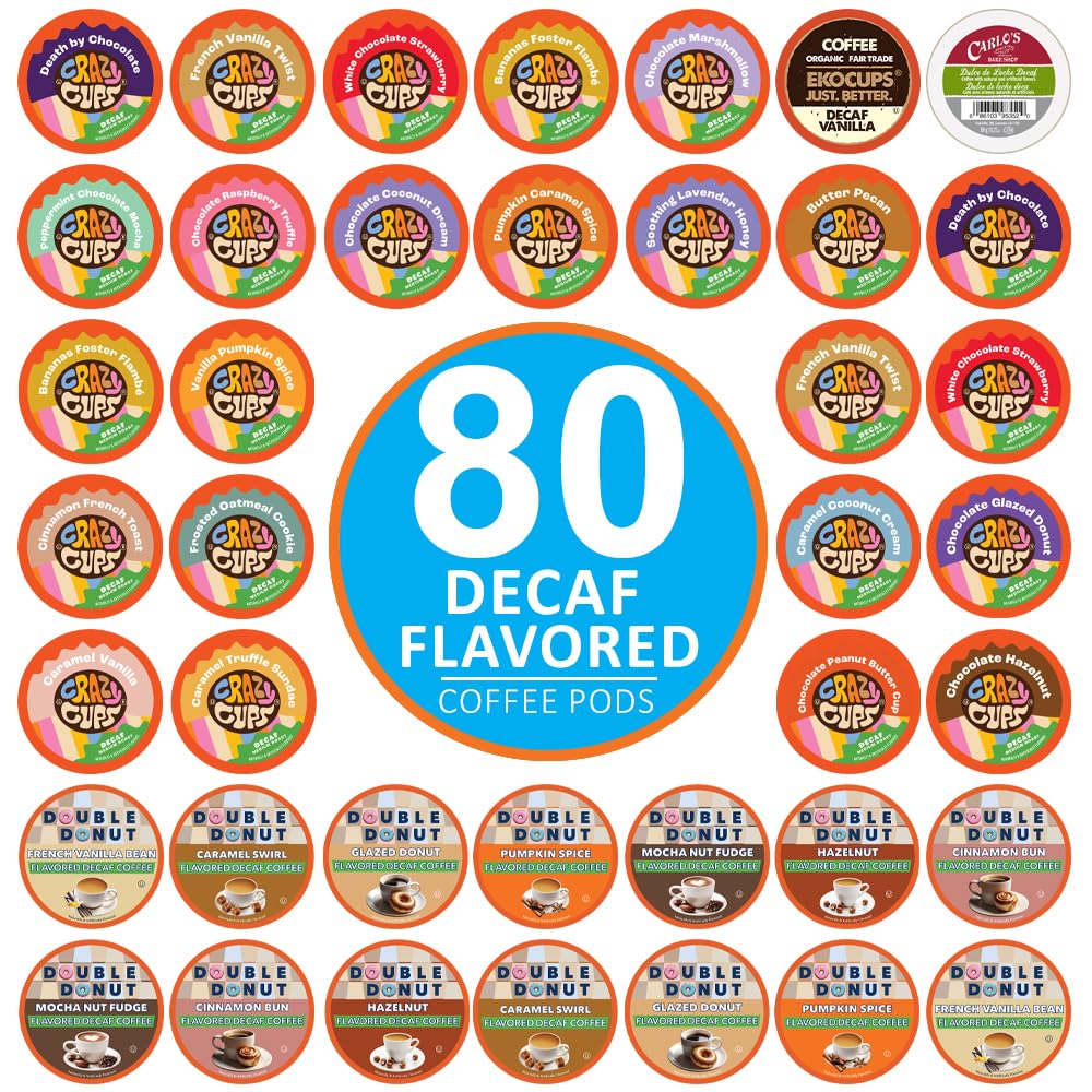 Crazy Cups Flavored Decaf Coffee Pods Variety Pack Compatible with Keurig K Cups malt-inspired  80 Count  Assorted Decaffeinated Flavored Coffee Sampler