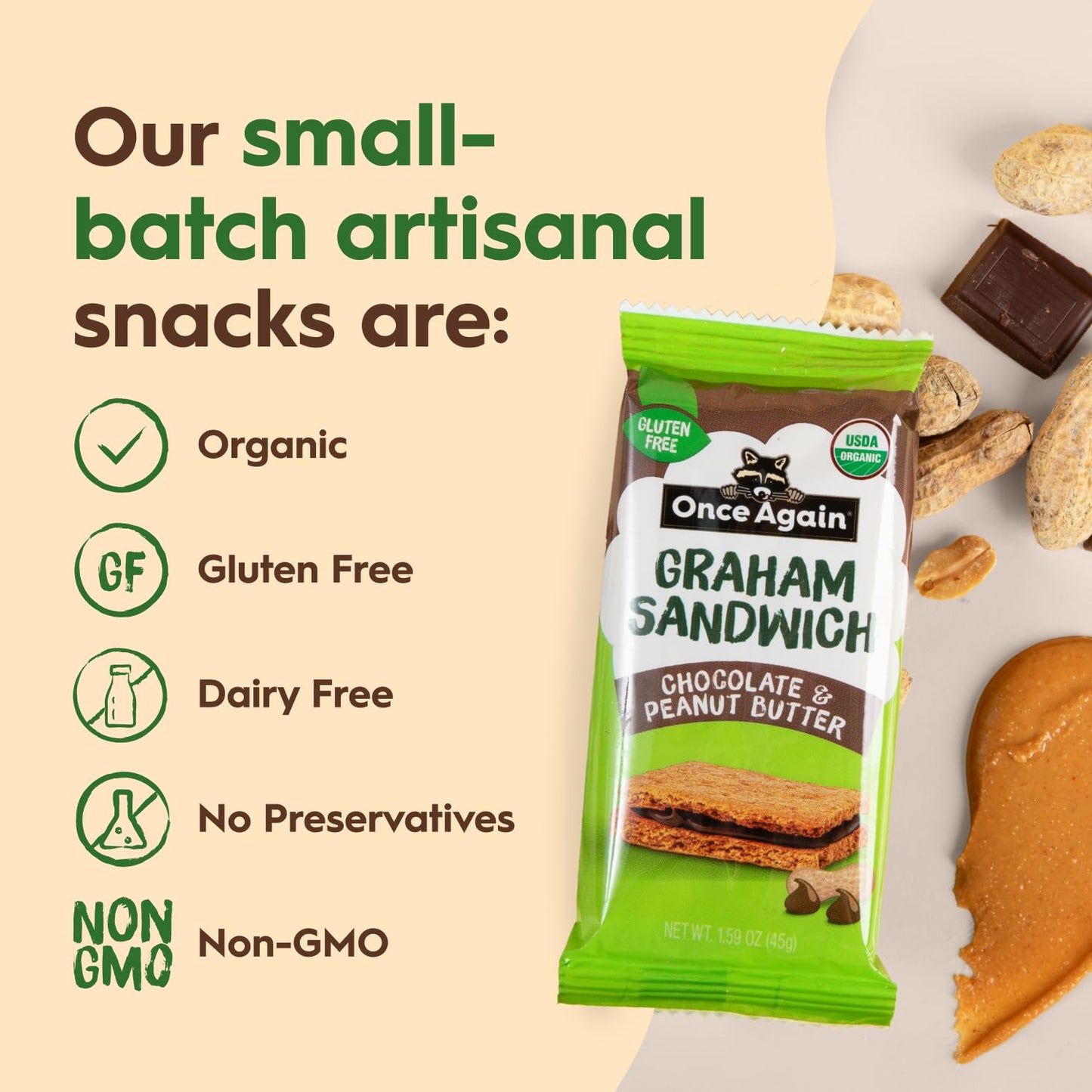 Once Again Chocolate Peanut Butter Graham Sandwiches - Organic, Gluten Free Graham Crackers with PB & Dark Chocolate Filling - G