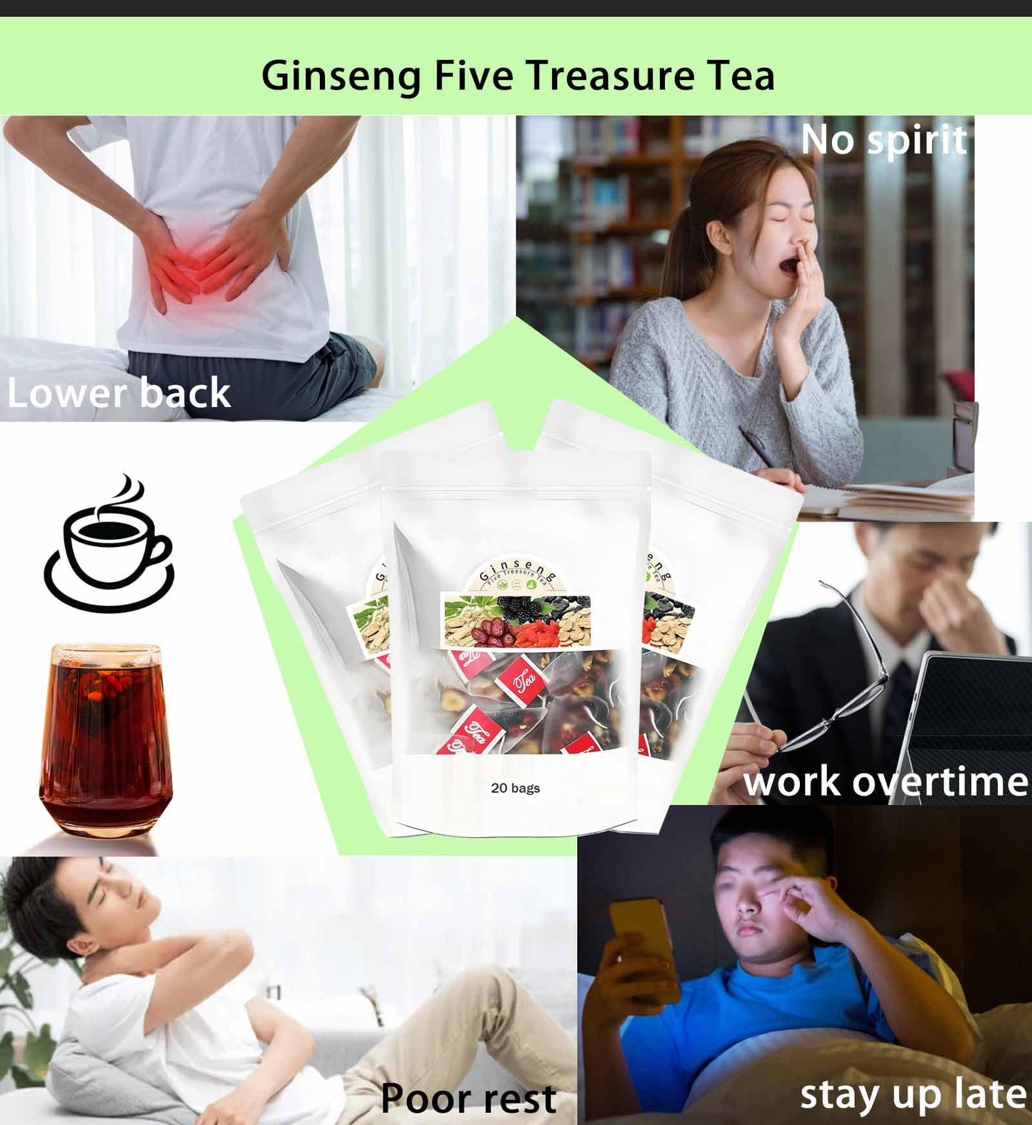 Qiuumey Kidney Tea Formula - Ginseng Six Treasure Tea, Natural Ingredients, Sweet Taste - 40 Bags