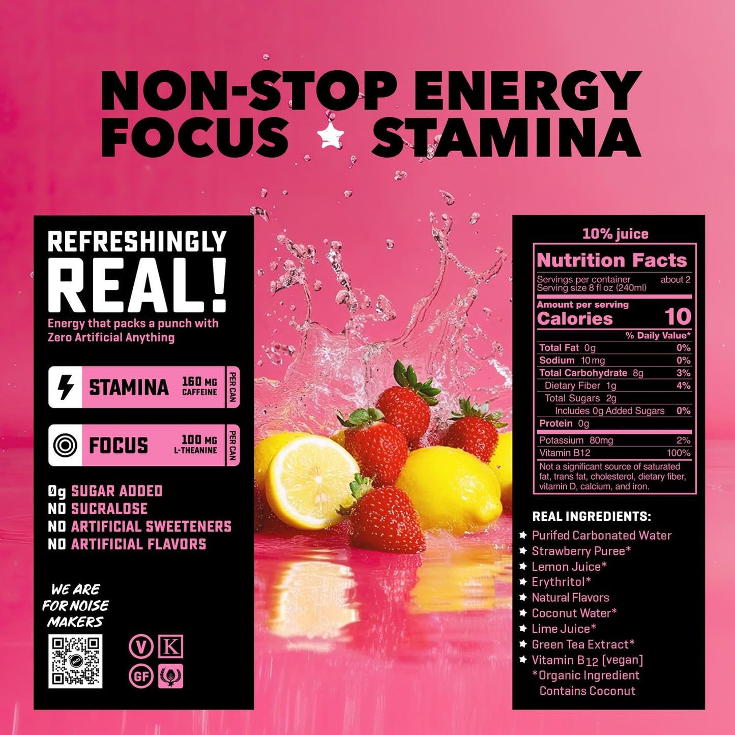 Riot Clean Energy Drink, Strawberry Lemonade, Zero Artificial Anything, No Sucralose, Made With Real Fruit, No Sugar Added, Ener